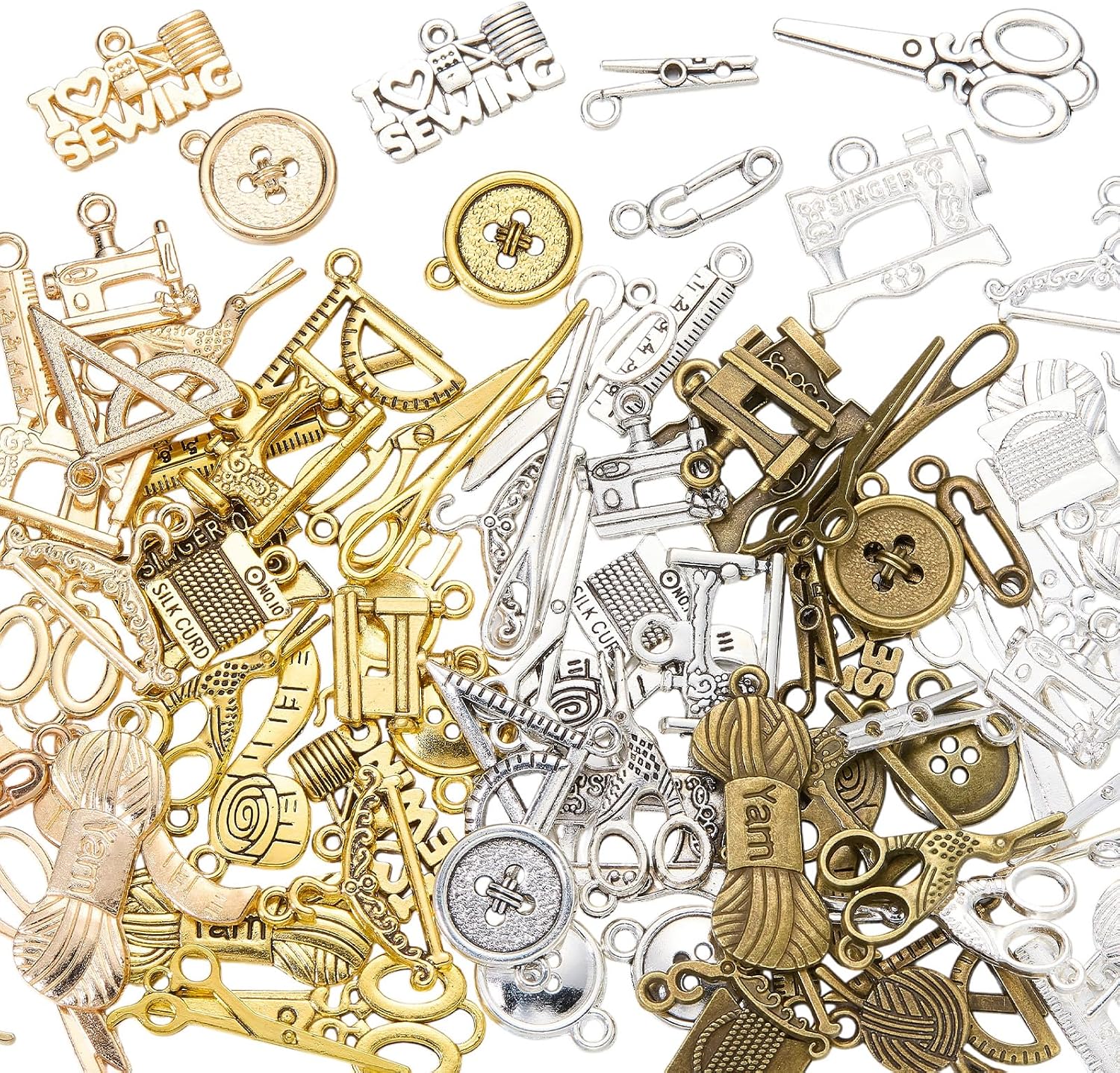 Sewing Charms for Jewelry Making Vintage Metal Charms Bulk with Machine Scissors Zipper Button for Bracelets