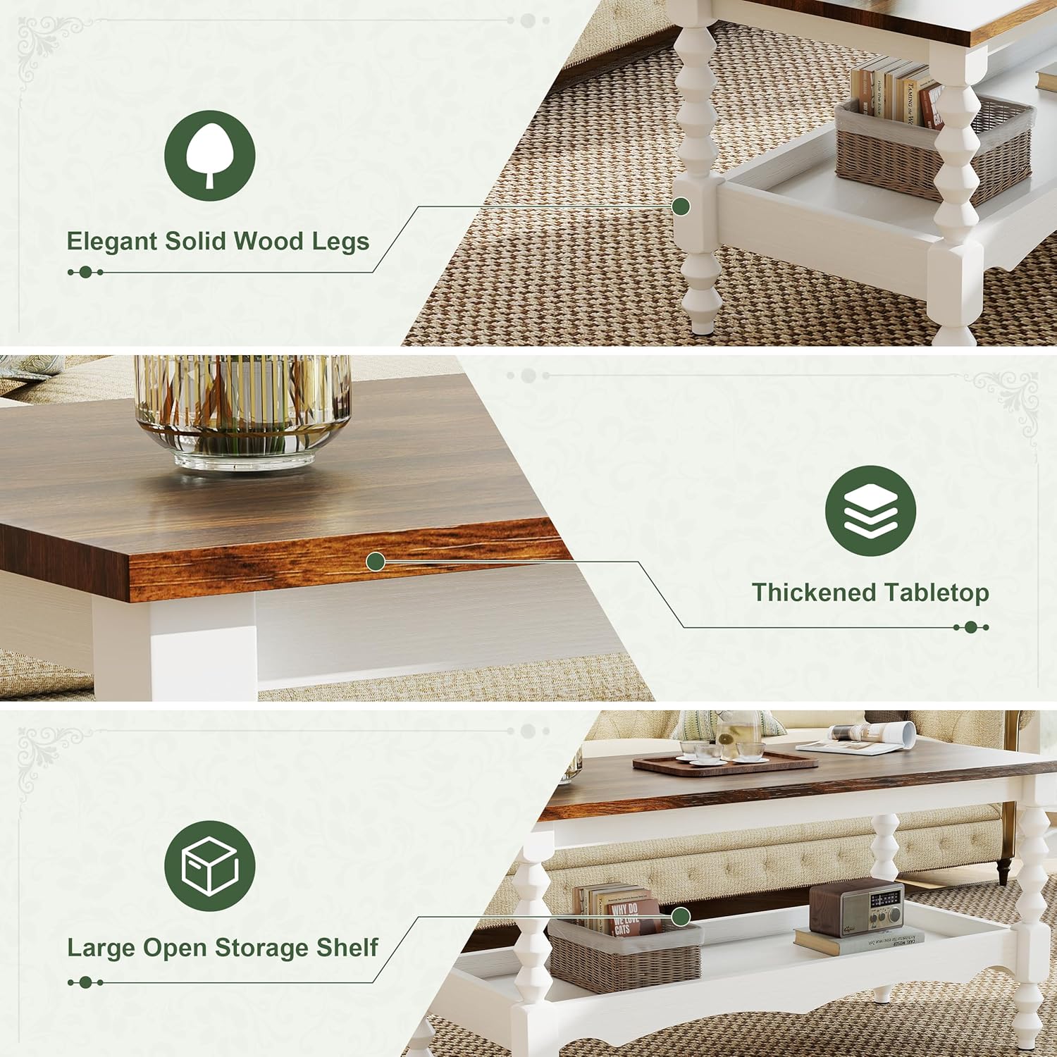 YOSHOOT 42" Farmhouse Coffee Table with Storage - Small Coffee Tables for Living Room Bedroom, 2-Tier Center Table with Solid Wood Legs and Thickened Top, White