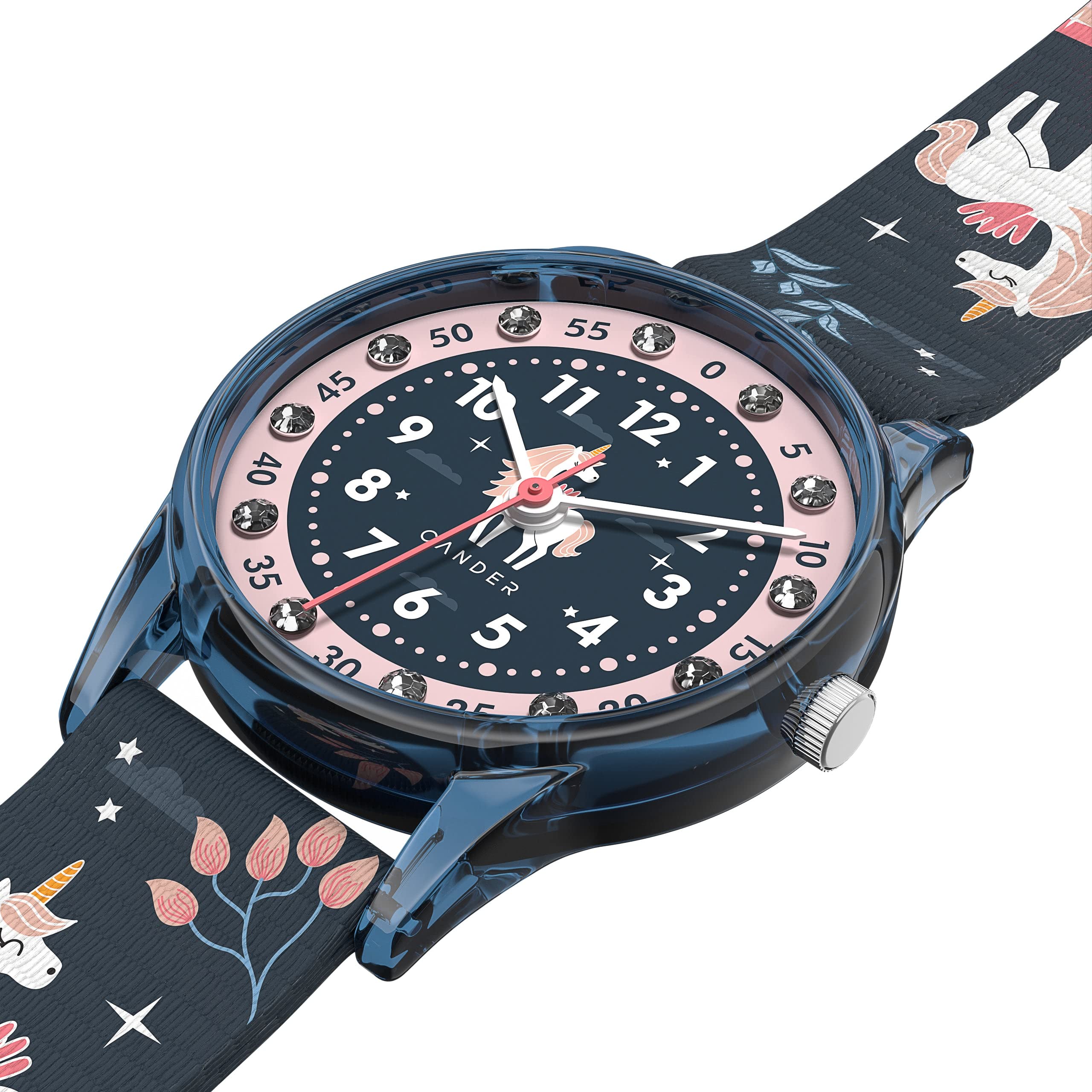 Cander Berlin MNA 4030 M Montre pour enfant 3 ATM étanche Montre garçon fille Montre d'apprentissage analogique turquois Licorne