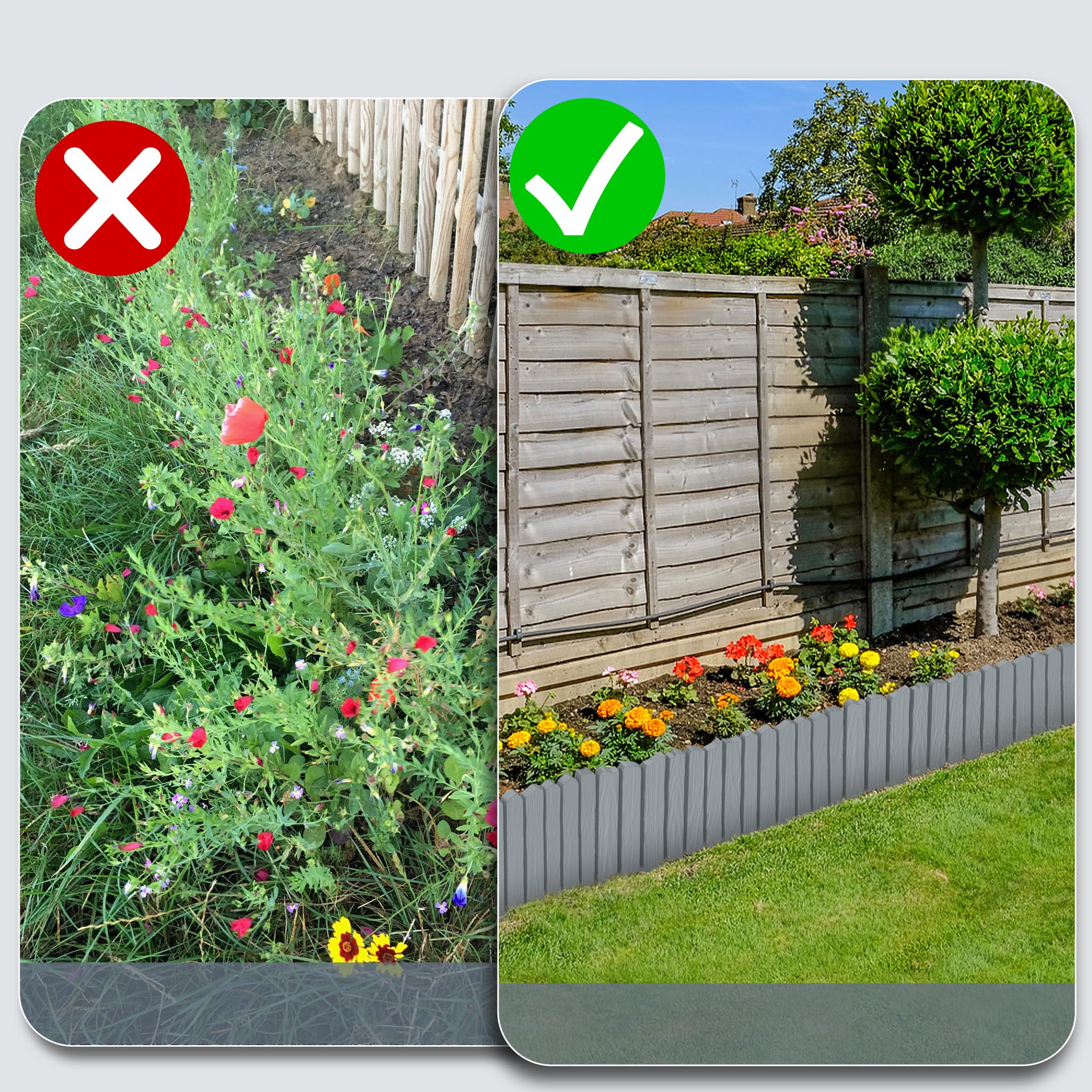 FIVMEN Bordo per prato, in plastica, 4,6 m, effetto legno, bordatura per aiuole con perni da 10 cm, imitazione delle venature del legno, per giardino, grigio