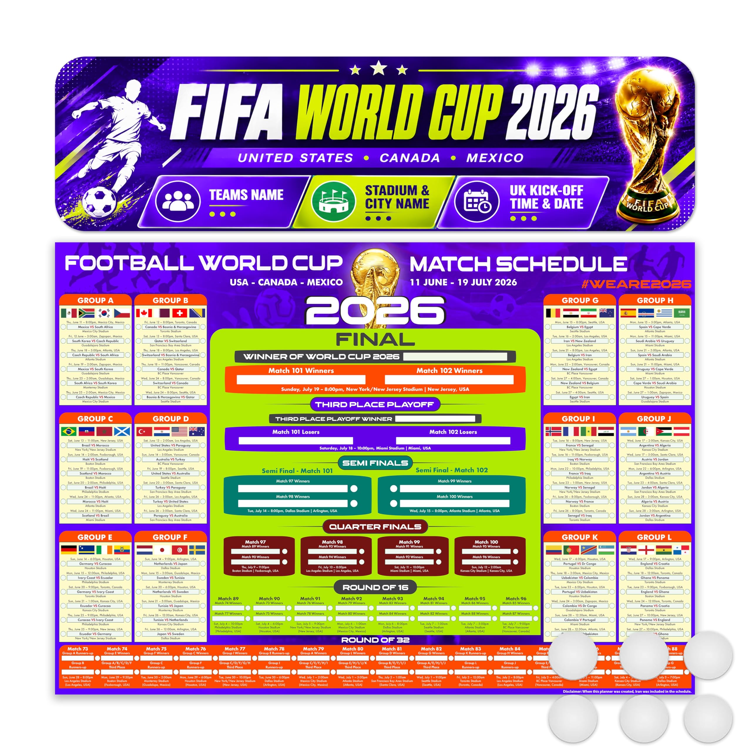Giftinghouse Official Football World Cup 2026 Wall Chart Schedule – A1 Poster (84 x 59 cm) – 48 Team Fixtures, Dates, Stadiums & UK Time (BST) – 170gsm Silk Paper. (1)