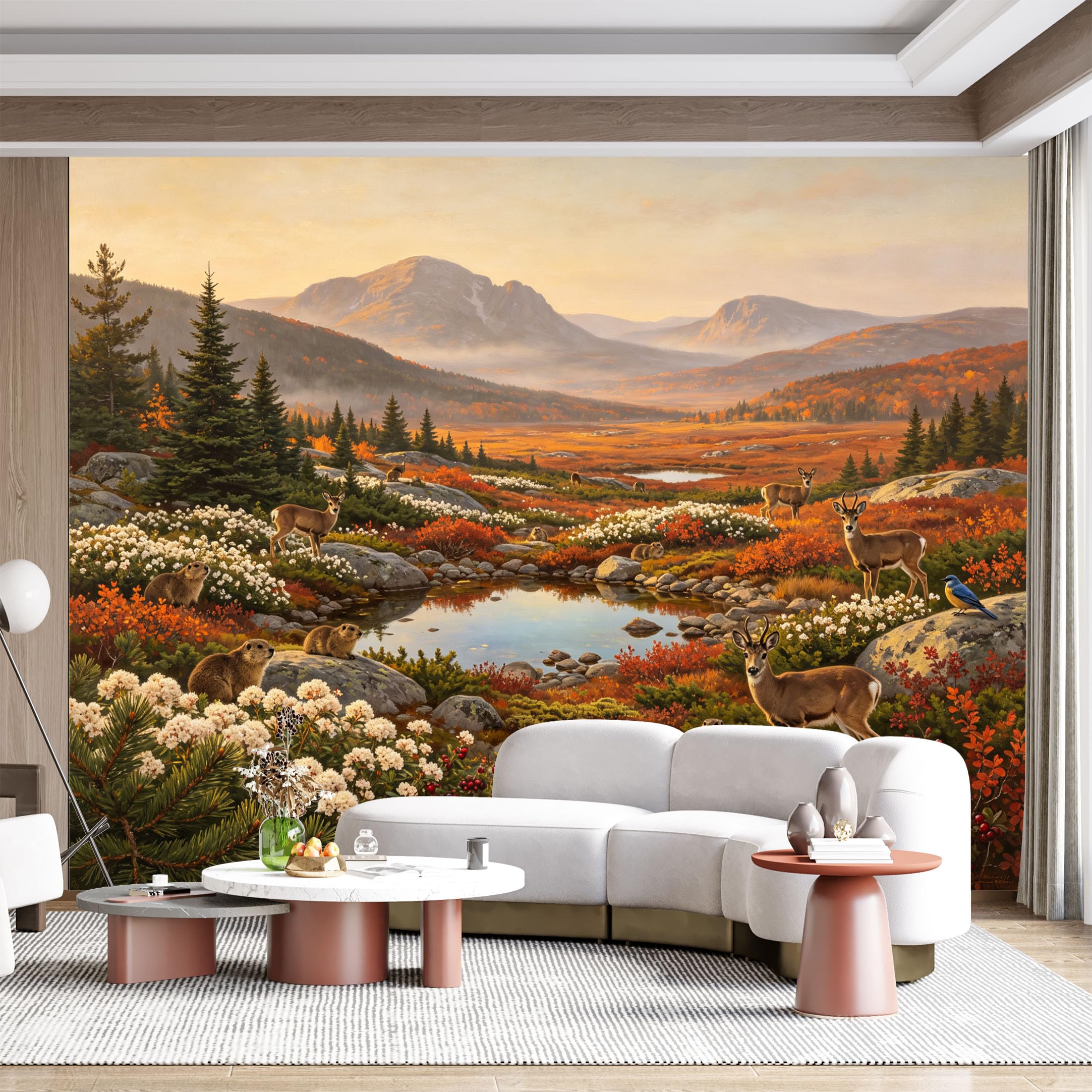Custom Size Wall Mural Autumn Mountain Landscape Wildlife Deer Forest Pond Waterfall Oil Painting SelfAdhesive Wall Fabric Removable for Home Office Decor