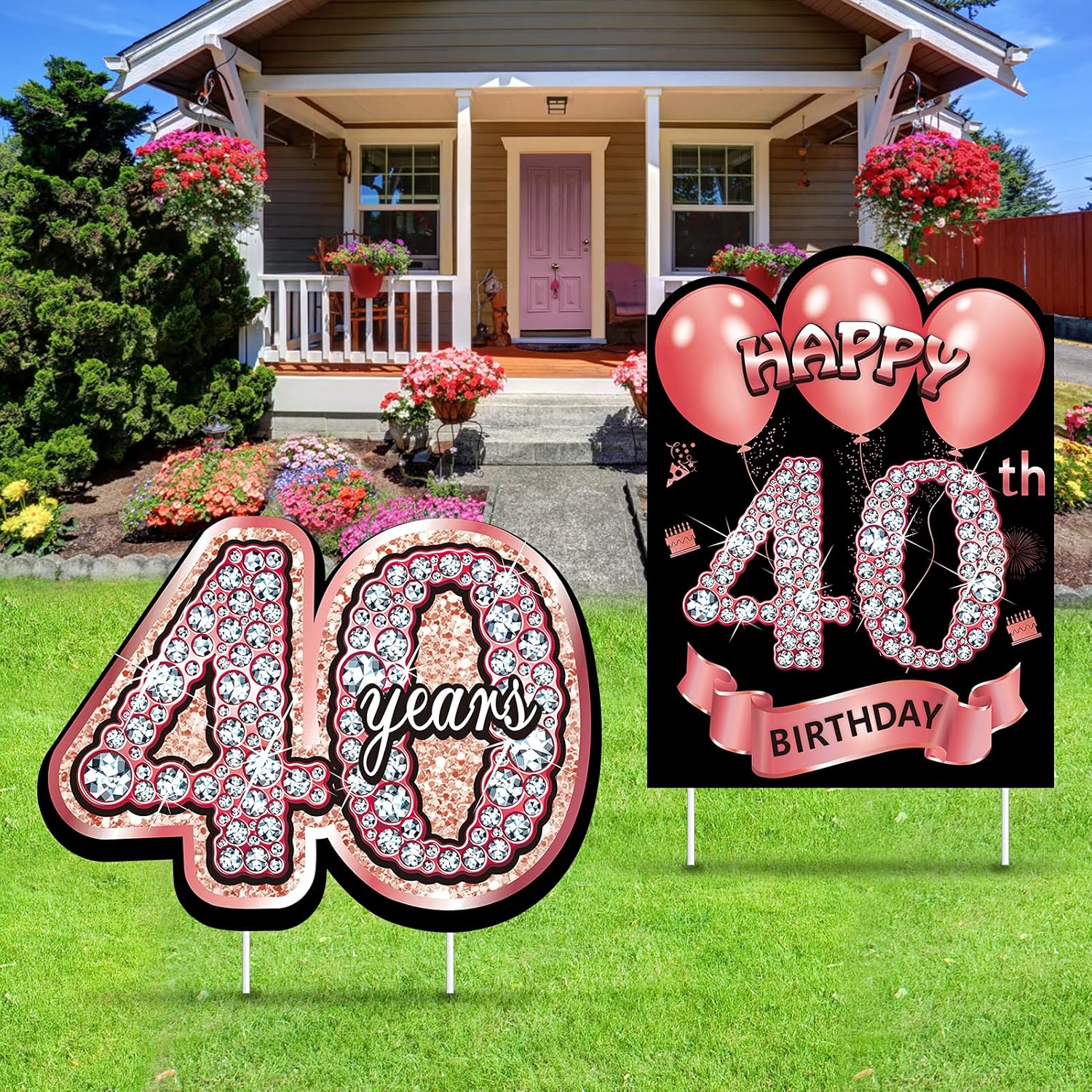 2Pcs 40th Birthday Yard Sign Decorations for Women, Happy 40 Birthday