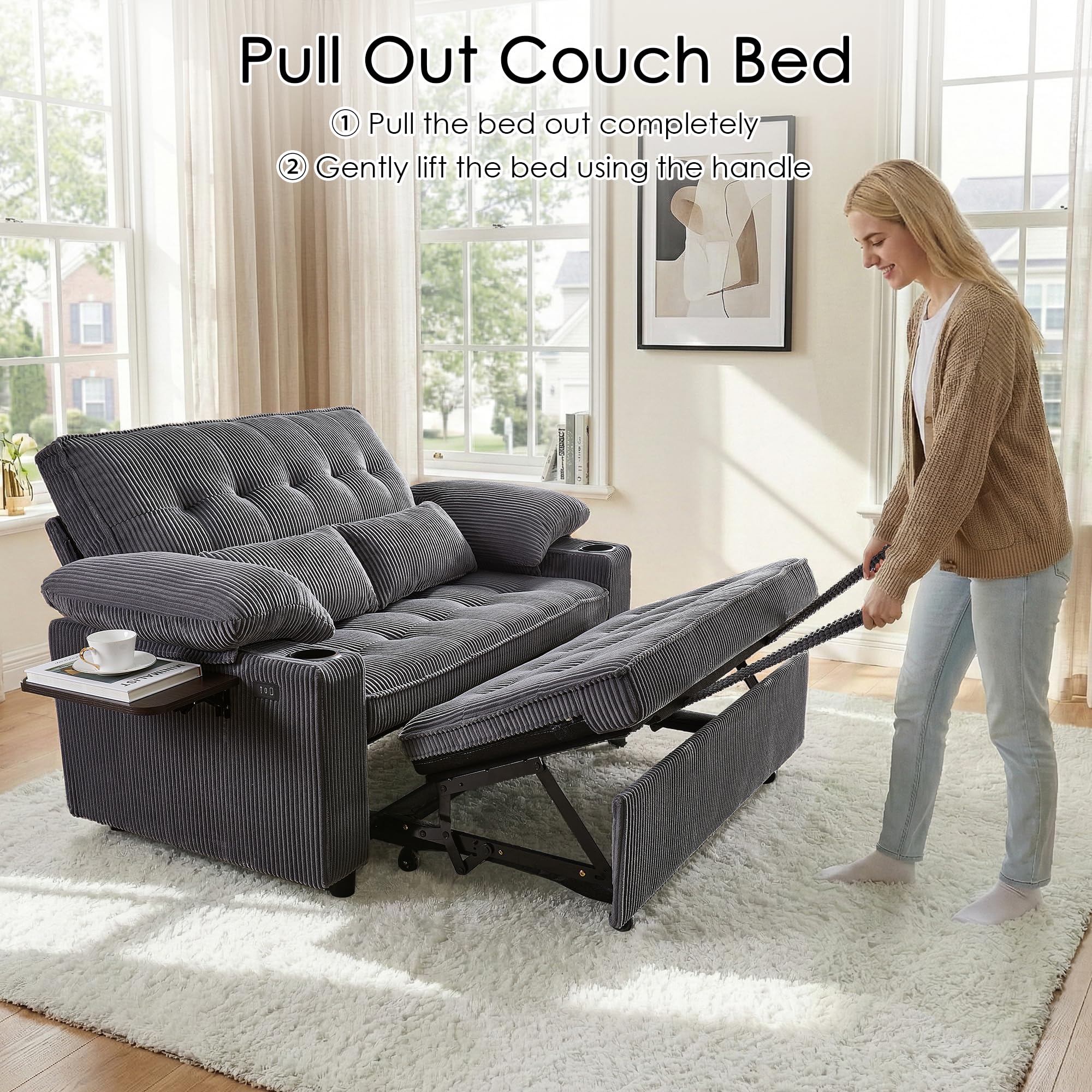 Wakefit 58in Sleeper Sofa Bed, Convertible Pull Out Couch Bed Full Size Corduroy — product photo
