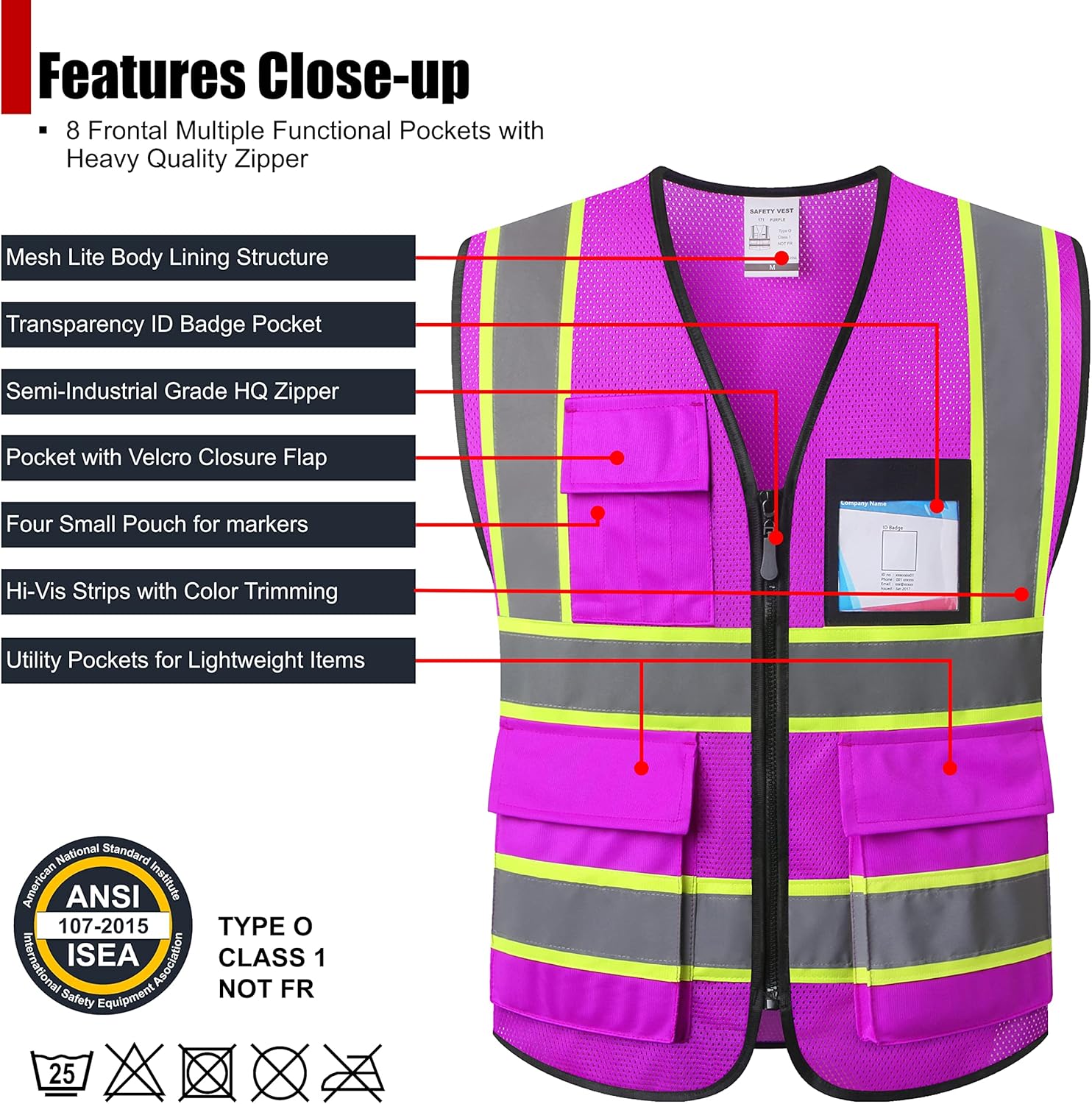 Reflective Safety Vest for Men Women Hi Vis Vest with 8 Pockets High Visibility Mesh Reflective Vest Meets ANSI/ISEA Standards (Purple-07, Large) - Image 2