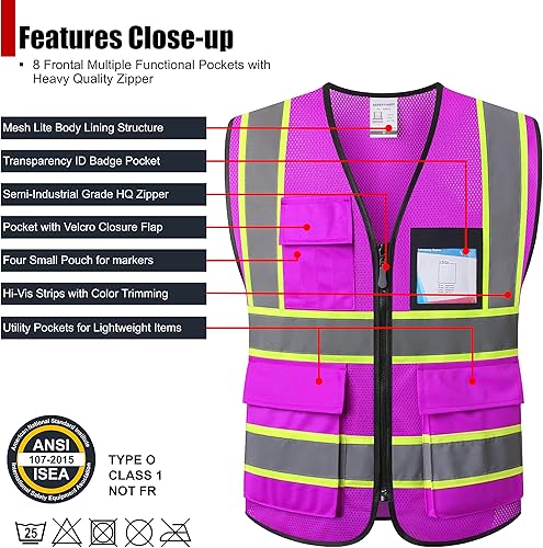 Miniatura 2 de Chaleco de seguridad reflectante para hombres y mujeres, chaleco de alta visibilidad con 8 bolsillos, chaleco reflectante de malla de alta