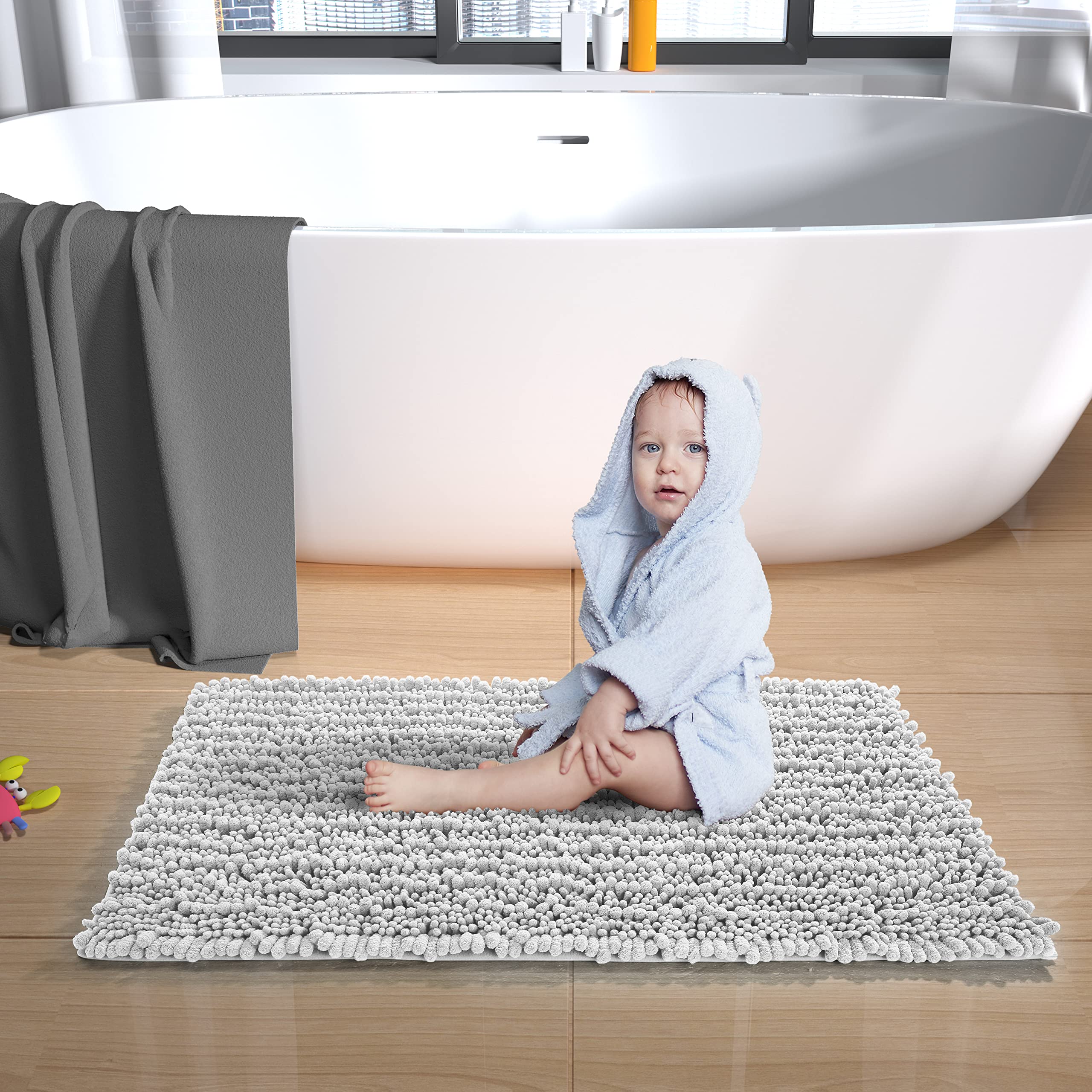 Yimobra Original Luxury Chenille Bath Mat, 32 x 20 Inches, Soft Shaggy and Comfortable, Large Size, Super Absorbent and Thick, Non-Slip, Machine Washable, Perfect for Bathroom, Silver