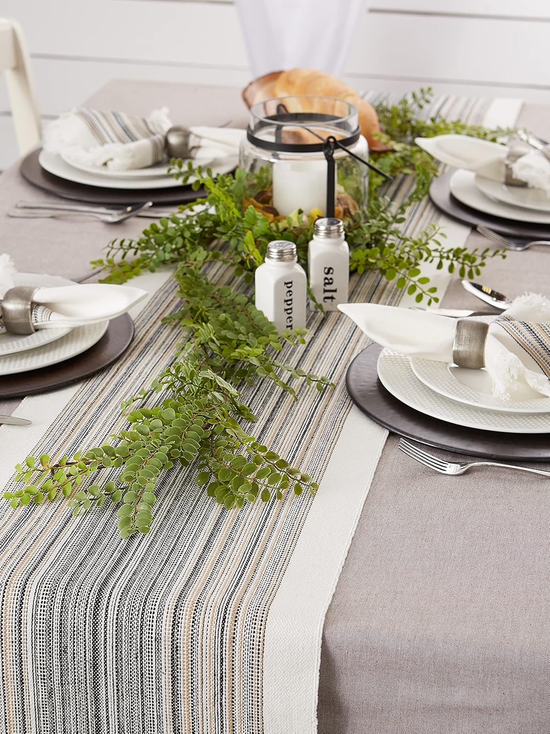 DII Everyday Collection Fringed Stripe Tabletop, Table Runner, 14x108, Black