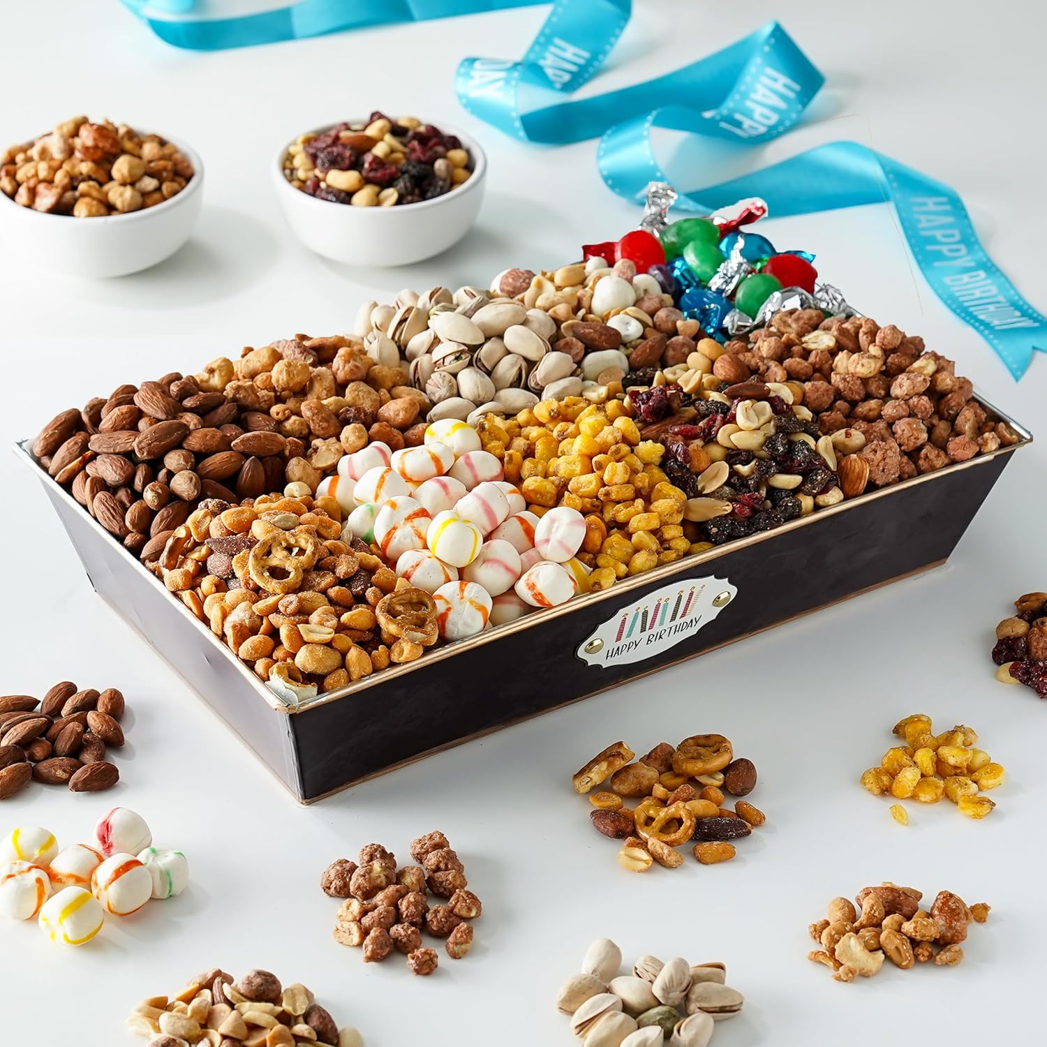 Broadway Basketeers Birthday Nuts Gift Basket – Premium Healthy Assorted 10 Gourmet Nuts & Trail Mix Snacks Basket - Happy Birthday Gifts for Men, Women, Friends, and Family, Kosher