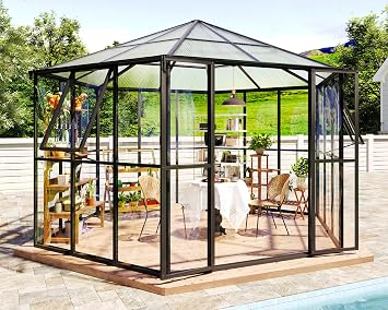 Jocisland 12 x 10 x 8 FT Hexagonal Outdoor Greenhouse | Quick-Connect Aluminum Frame, 2 Swing Doors and 2 Vents, Walk-In Design for Garden or Backyard, Black