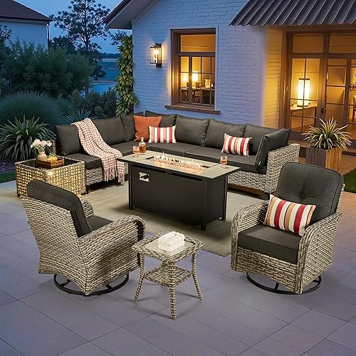 CAODOC 11-Piece Outdoor Sectional Sofa Set w/ 54" Fire Pit