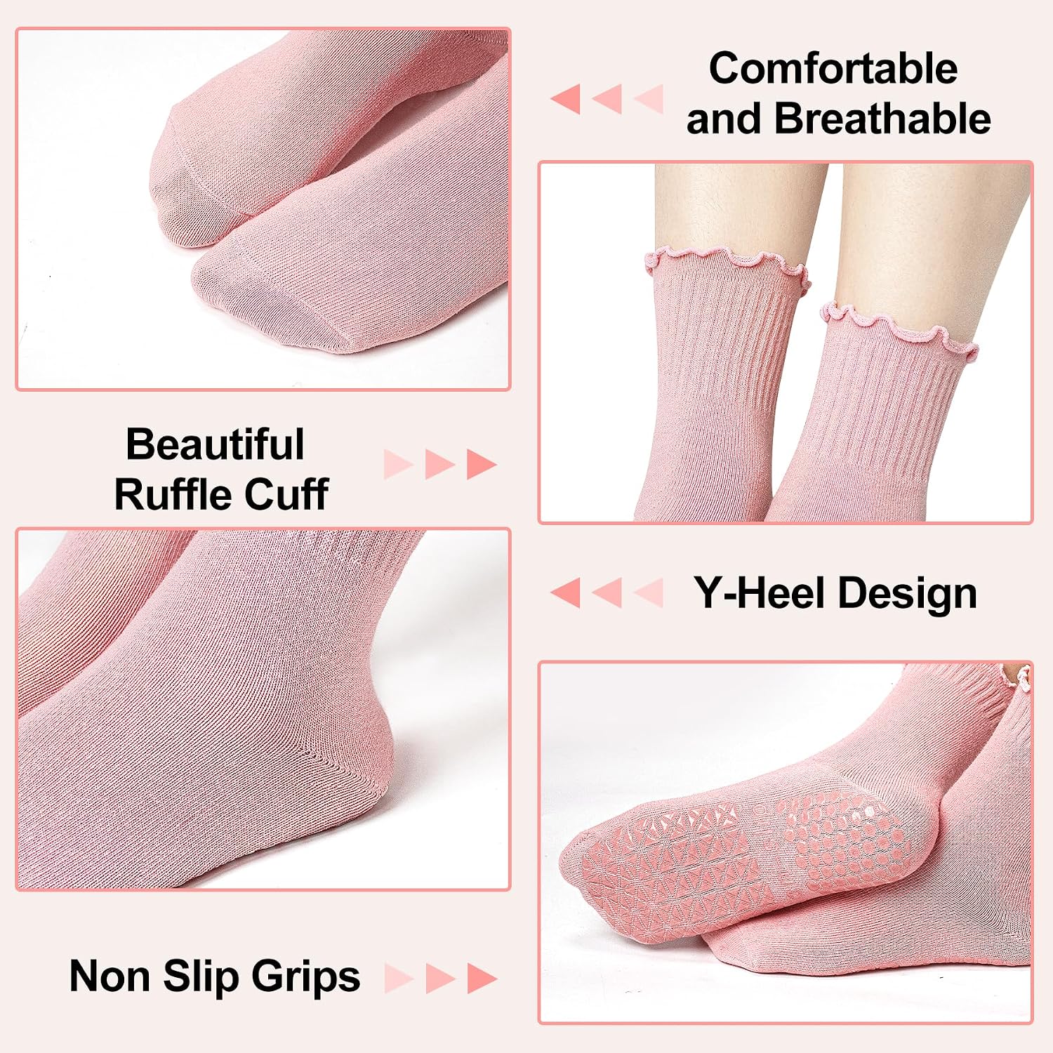 Yoga Socks Non Slip Grips Anti Skid Women Athletic Socks Pilates Ballet Barre Crew Socks Ruffle Cuff 2 Pairs image 4