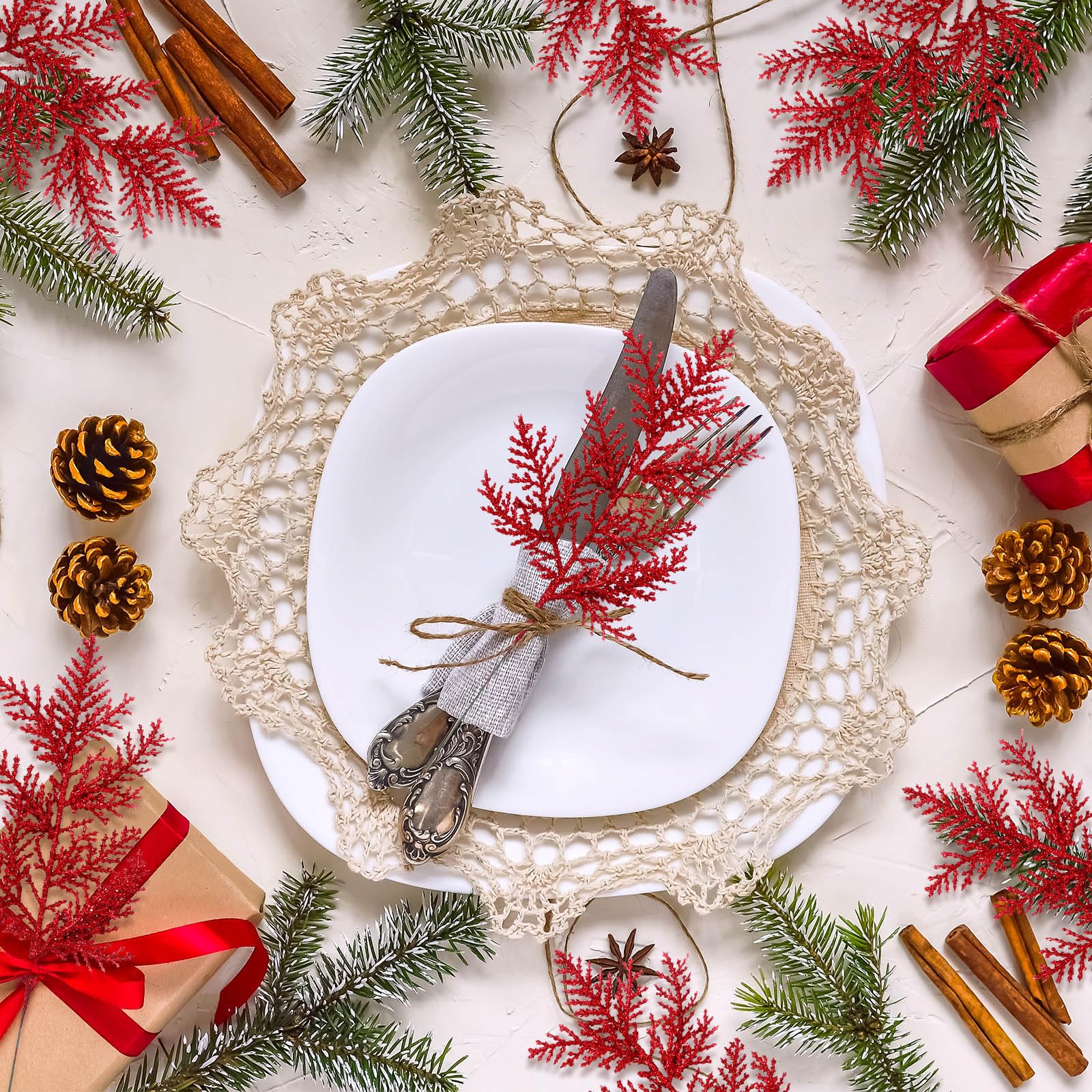 Hotop 100 Stück glitzernde Tannenzweige, künstliche Tannenstiele, 26,7 cm, Weihnachts-Tannennadeln, Blätter für Weihnachtsbaum, DIY-Kranz, Girlande, Zuhause, Winter-Party-Dekoration (rot)