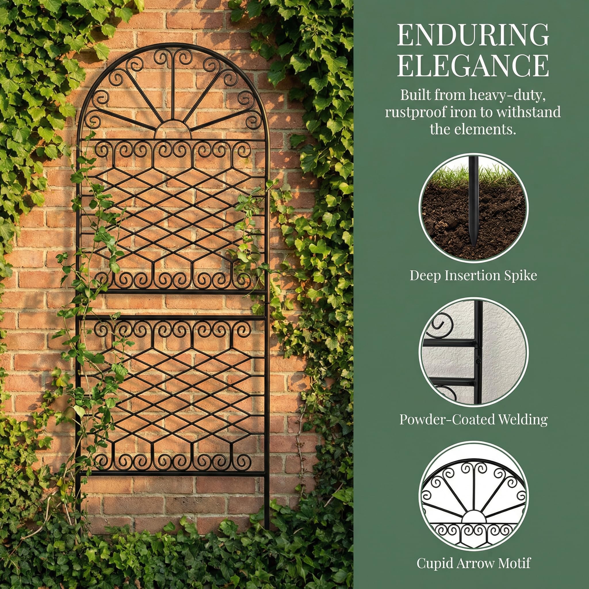 Metall Rankhilfe 150x56 cm, dekoratives Eisen Rankgitter mit Sonnendesign & Rautenmuster, wetterfestes Rankgerüst für Kletterpflanzen, Rosen, Clematis, geeignet für Garten, Balkon
