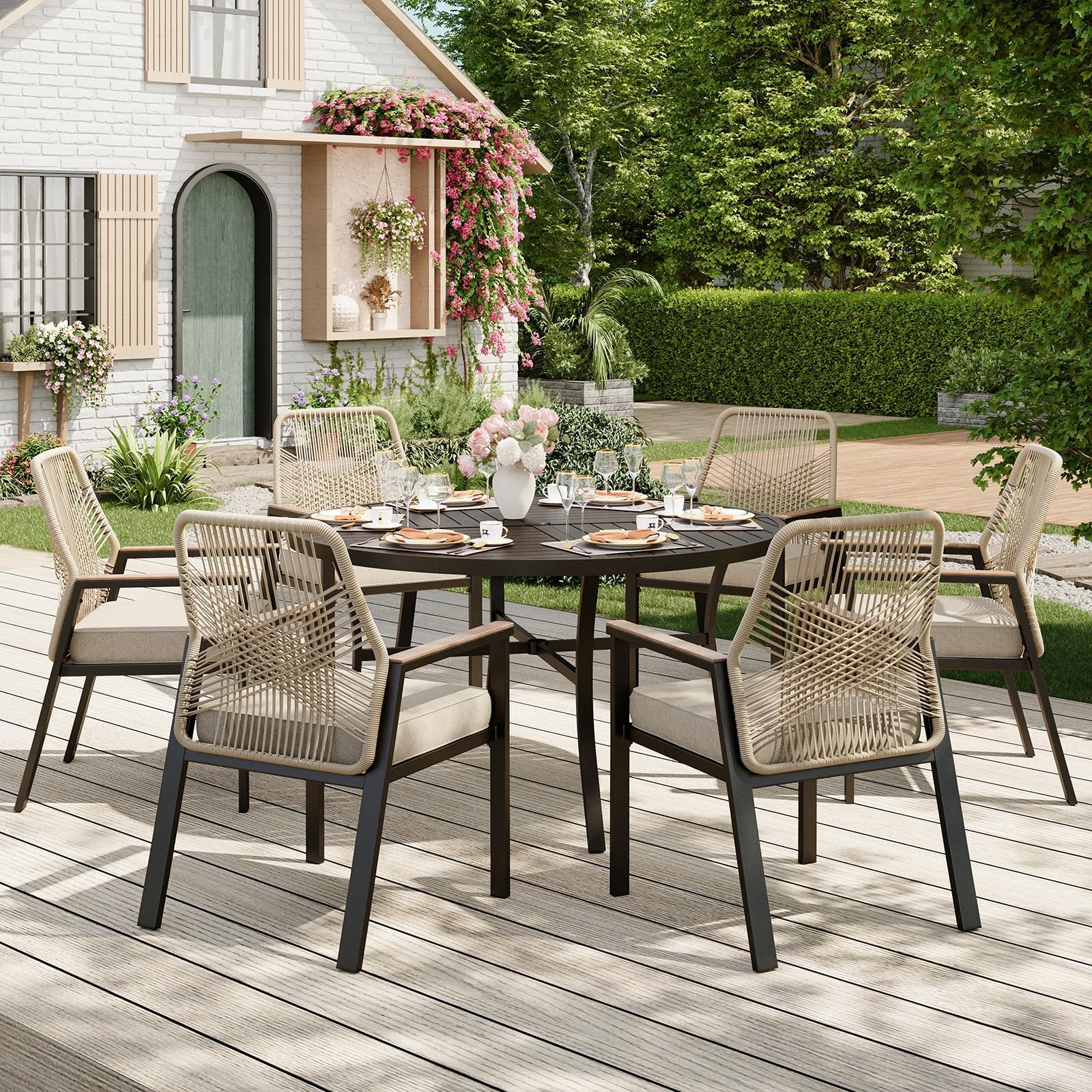 MIXPATIO 7 Pieces Round Outdoor Dining Set for 6, Patio Dining Set Wicker Rattan Chairs with Soft Cushion and 54" Round Table with Umbrella Hole, Round Patio Table and Chairs for Backyard Porch