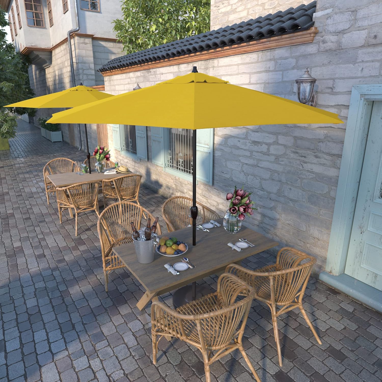 California Umbrella 9' Round Aluminum Outdoor Deck, Pool or Patio Umbrella, Crank Lift, Auto Tilt, Bronze Pole, Lemon Olefin