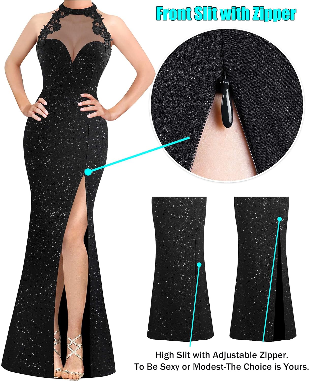 VFSHOW Womens Formal Sexy Halter High Slit Prom Wedding Guest Maxi Dress 2023 Illusion Sweetheart Neckline Evening Long Gown