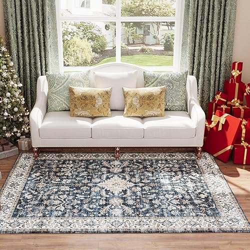 koorlian Alfombra de área antideslizante, alfombra Vinatge grande de 5 x 7 pies para sala de estar, suave y fina, lavable, no desprende pelusa,