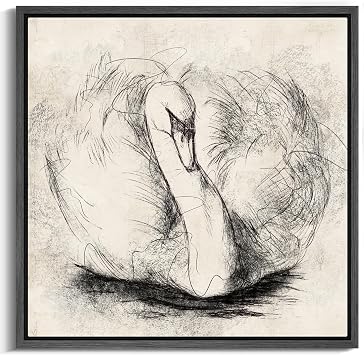 MUDECOR Framed Canvas Print Wall Art Graceful Swan Sketch Abstract Feather Lines Illustrations Realism Decorative Scenic Panoramic Earth for Living Room, Bedroom, Office - 16"x16" Black