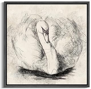 MUDECOR Framed Canvas Print Wall Art Graceful Swan Sketch Abstract Feather Lines Illustrations Realism Decorative Scenic Panoramic Earth for Living Room, Bedroom, Office - 16"x16" Black