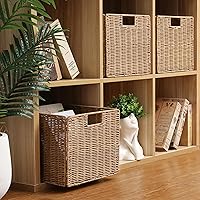 Vista 7 de Cesta de almacenamiento de mimbre de plástico de 12x12x10 pulgadas, cesta de almacenamiento de cubo de mimbre plegable para estantes, cesta
