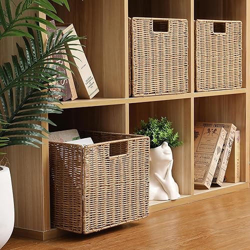 Miniatura 7 de Cesta de almacenamiento de mimbre de plástico de 12x12x10 pulgadas, cesta de almacenamiento de cubo de mimbre plegable para estantes, cesta de