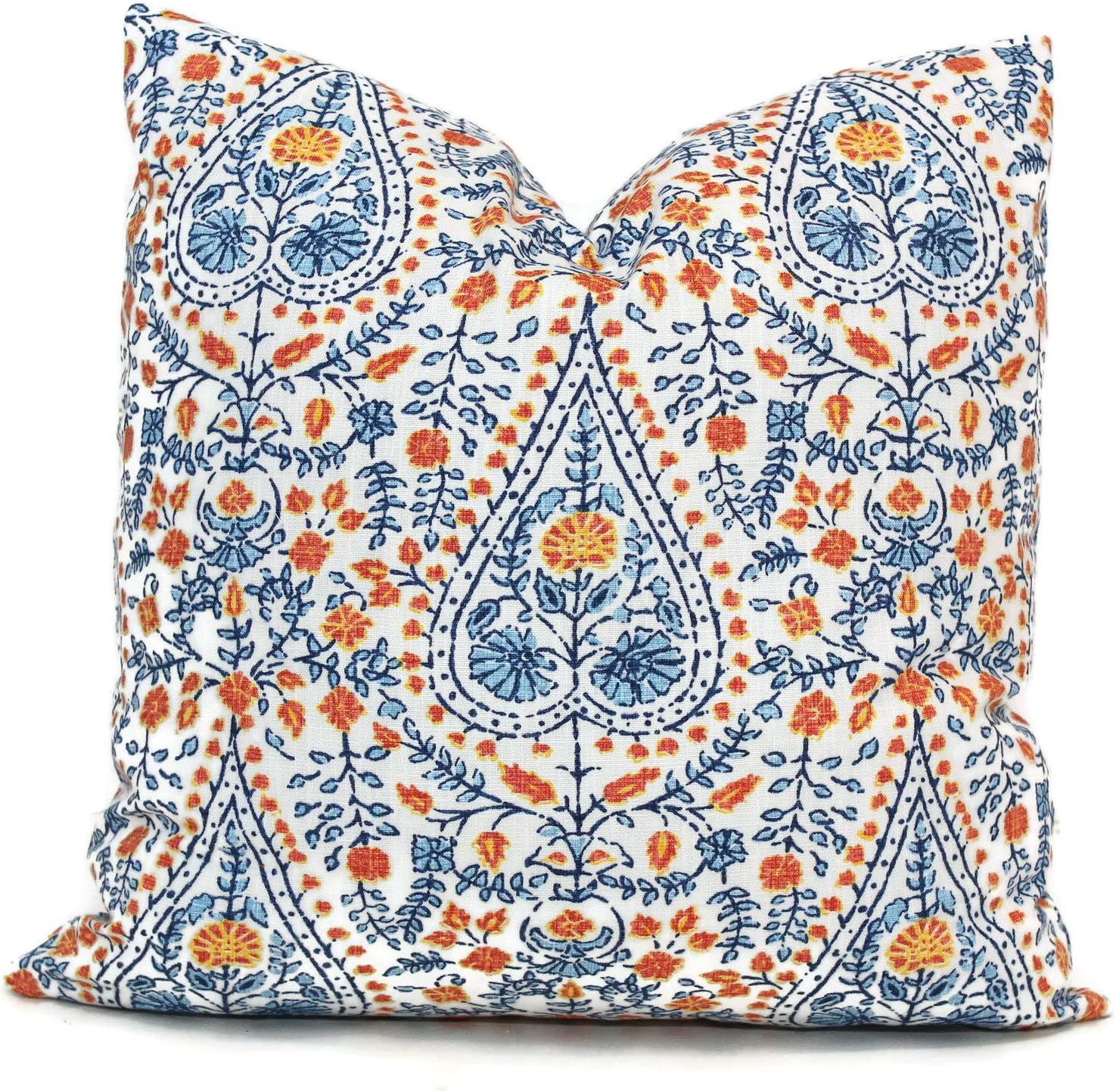 None Brand Busun Blue and Orange Busun Block Print Decorative Pillow Cover Square or Lumbar Pillow Cover Toss Pillow Made with Duralee John Robshaw