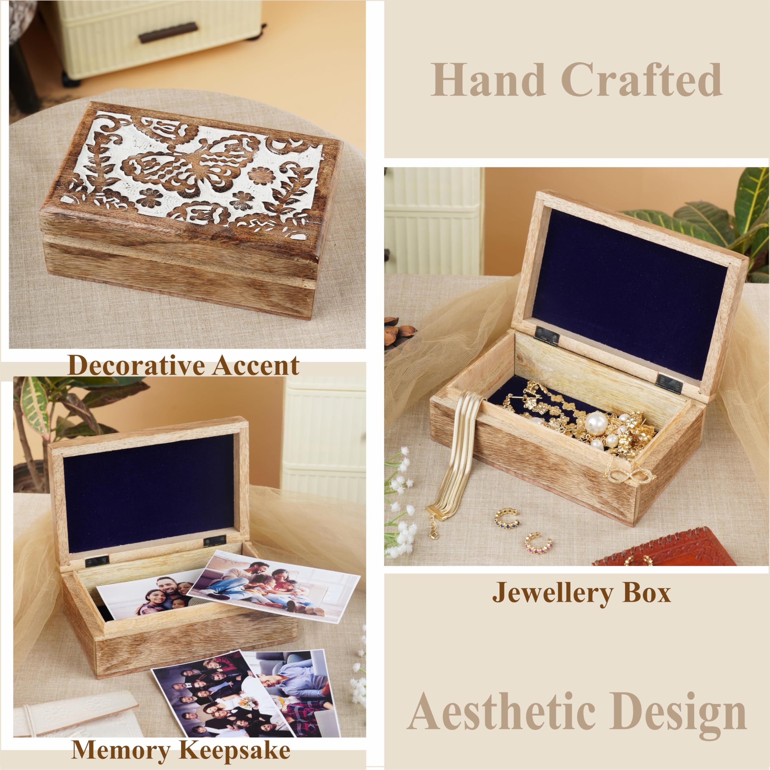 Handmade Mango Wood Jewelry Box - Butterfly Design -2