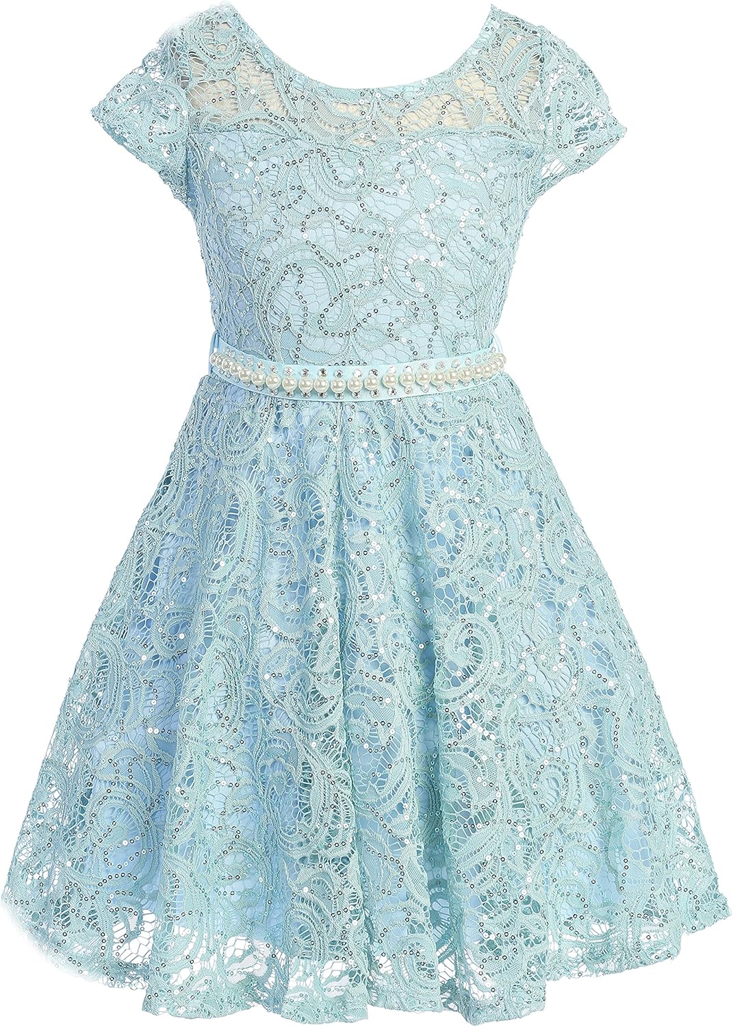 iGirlDress Cap Sleeve Floral Lace Glitter Pearl Holiday Party Flower Girl Dress Size4-14