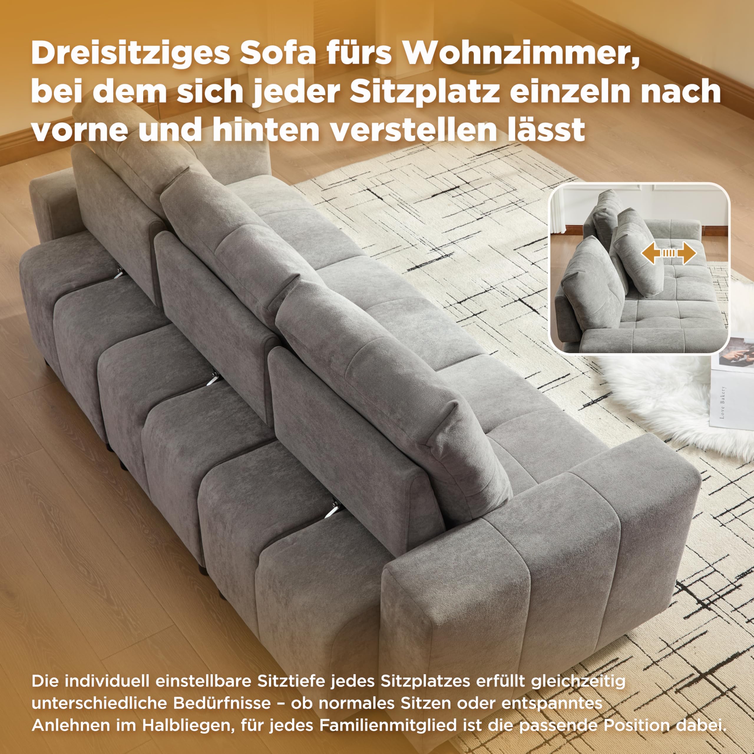 Merax 3-Sitzer Schlafsofa mit Verstellbarer Sitztiefe, multifunktionales Sofa mit Liegefläche & Gästebett, Chenille-Stoff, robuster Massivholzrahmen, gerades Kompaktdesign, Grau