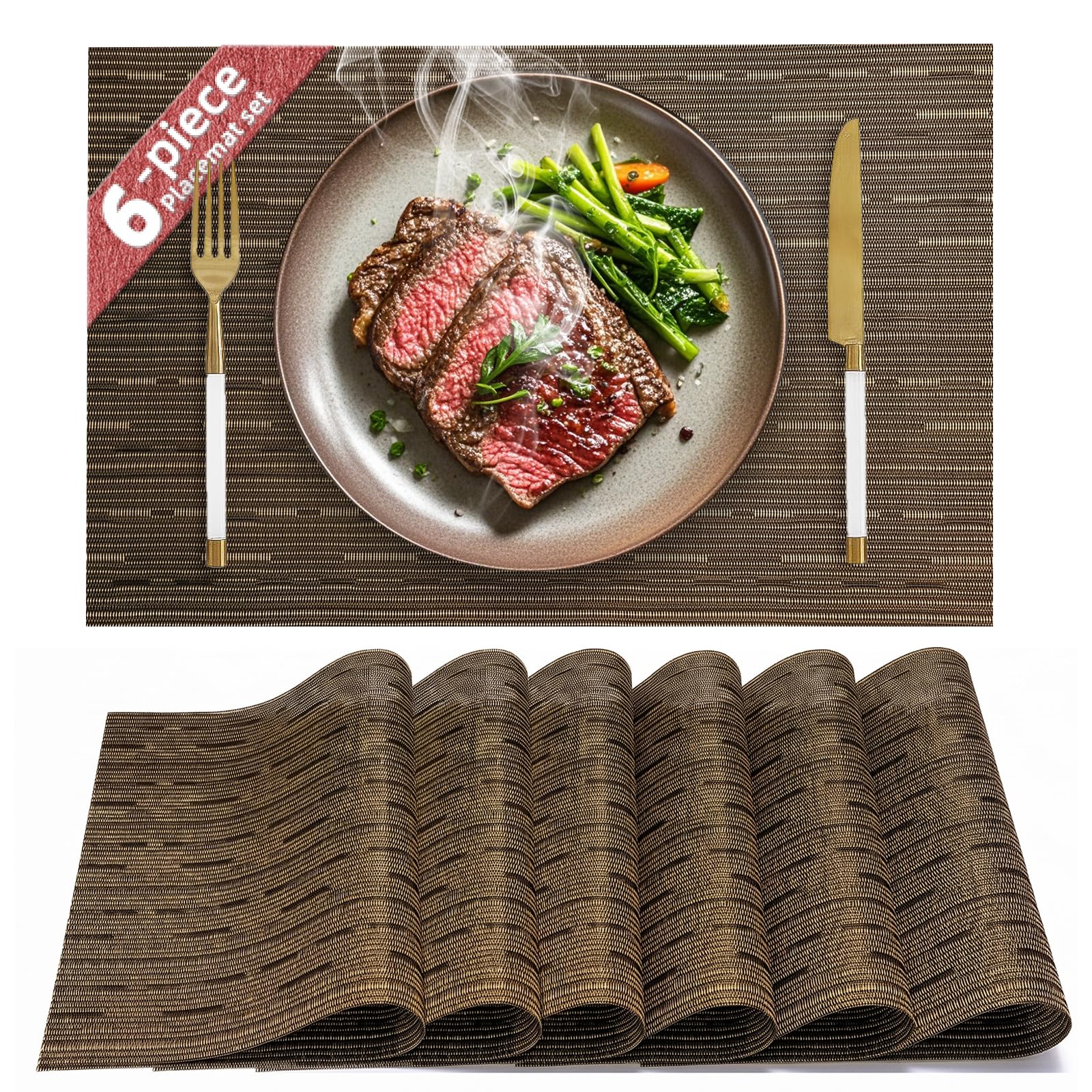 HELI MIAO Table Mats Set of 6, PVC Place Mats Washable Non-Slip & Heat Resistant, Wipe-Clean Woven Placemats for Kitchen Dining Table Hotel, 17"X12" – Black + Gold