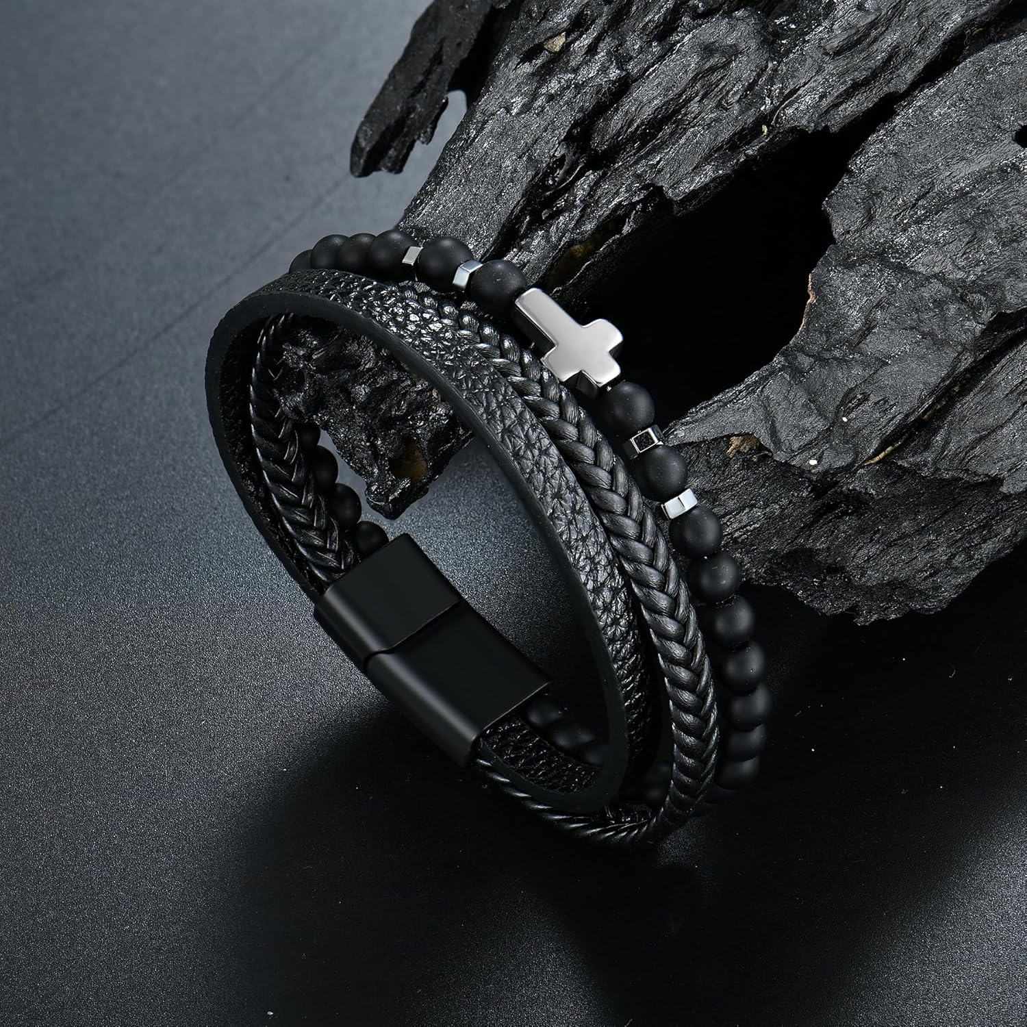 Mens Christian Cross Double Row Leather Bracelet, Religious Braided Cuff Bracelet for Men - Image 5