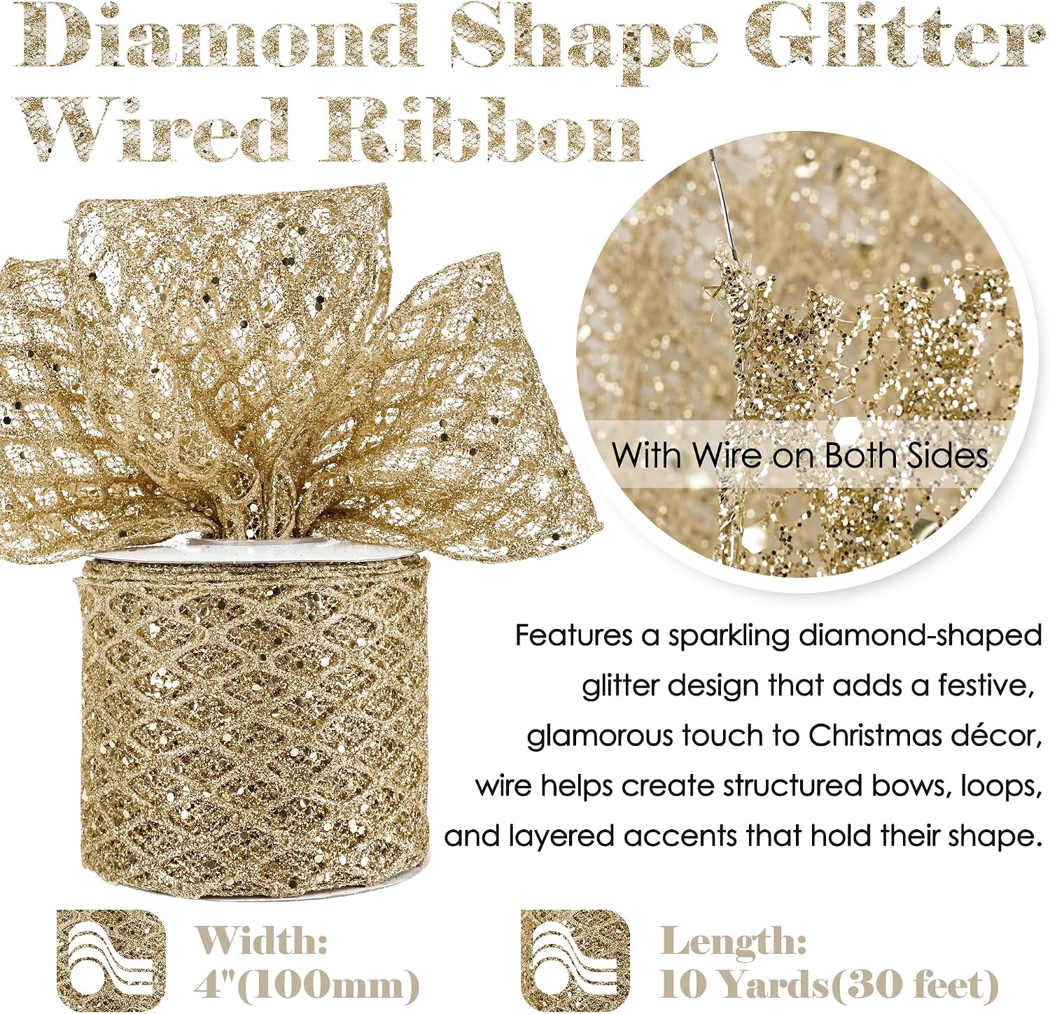 HUIHUANG Gold Glitter Wired Ribbon 4 inch Wide Diamond Mesh Wire Christmas Ribbon for Christmas Tree Decorations, Gift Wrapping, Large Bows, Wreath Supplies, Garlands- Continuous 10 Yards