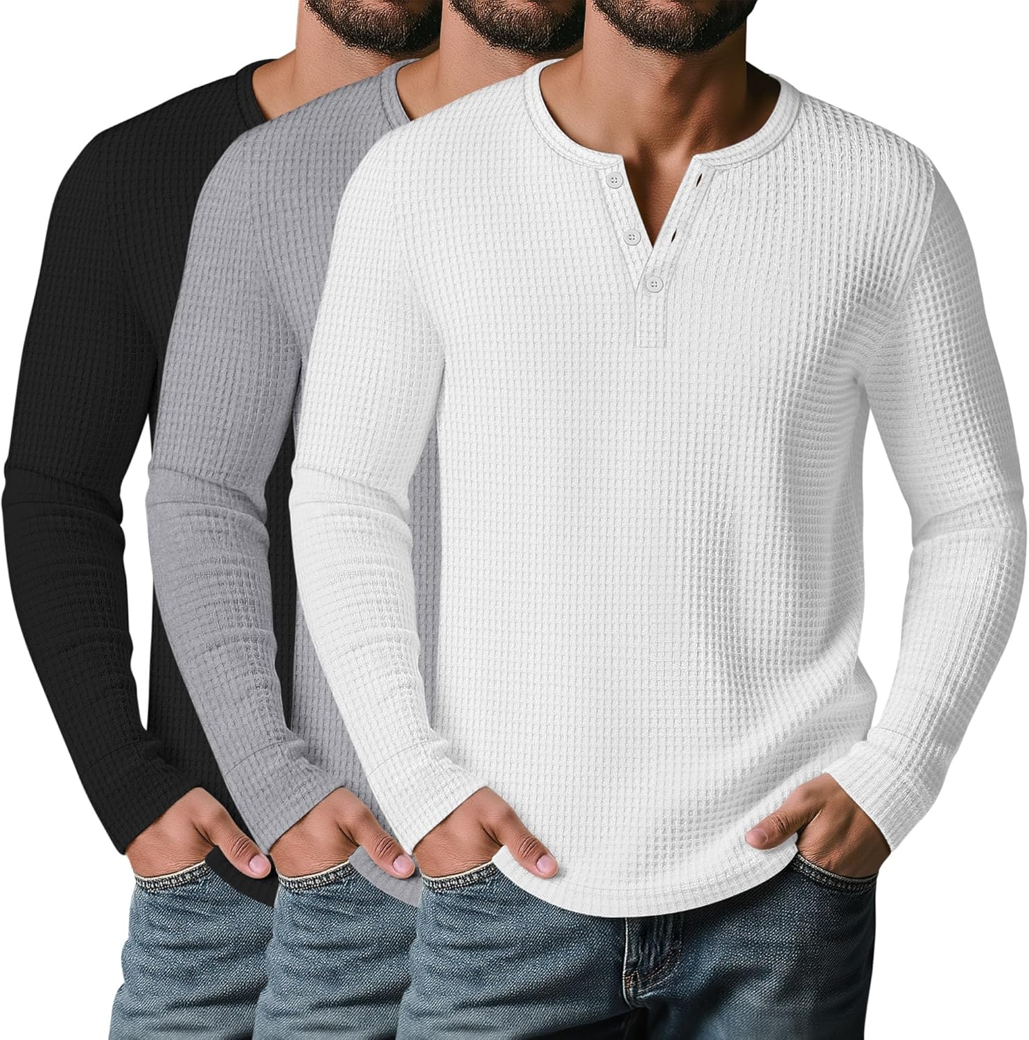 Velvelhall 3 Pack Men’s Waffle Henley Shirts, Long Sleeve Button Tops Casual Basic T-Shirts Lightweight Knit Pullover
