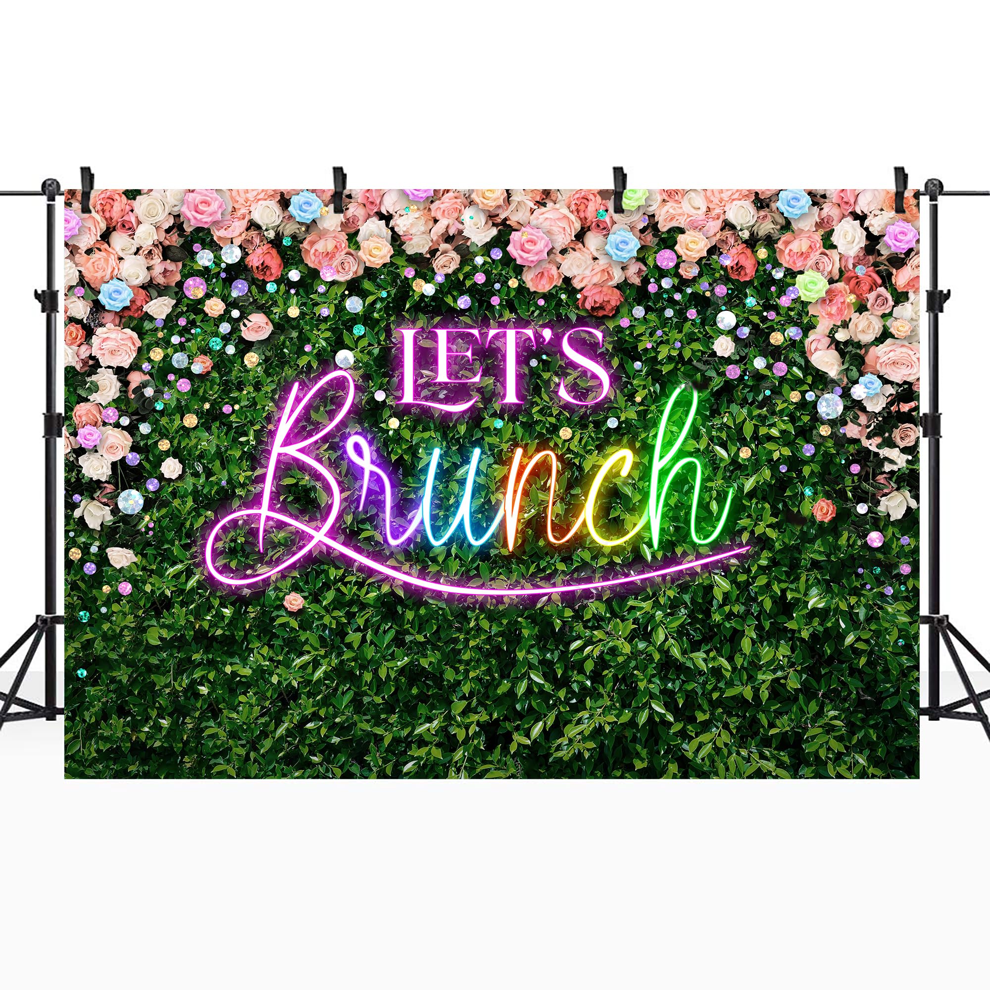 Riyidecor Green Leaves Let's Brunch Backdrop Polyester Fabric Neon Pink Rainbow Floral 7Wx5H Feet Greenery Photography Background Grass Lawn Women Brunch Party Photo Studio Shoot