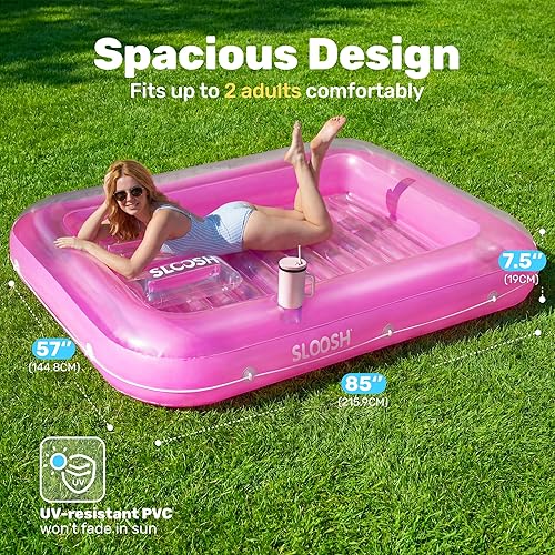 Miniatura 2 de SLOOSH Flotador inflable para adultos, con almohada, 216 x 145 cm, 4 en 1: balsa estilo tina bronceadora, camastro para tomar el sol, para fiestas
