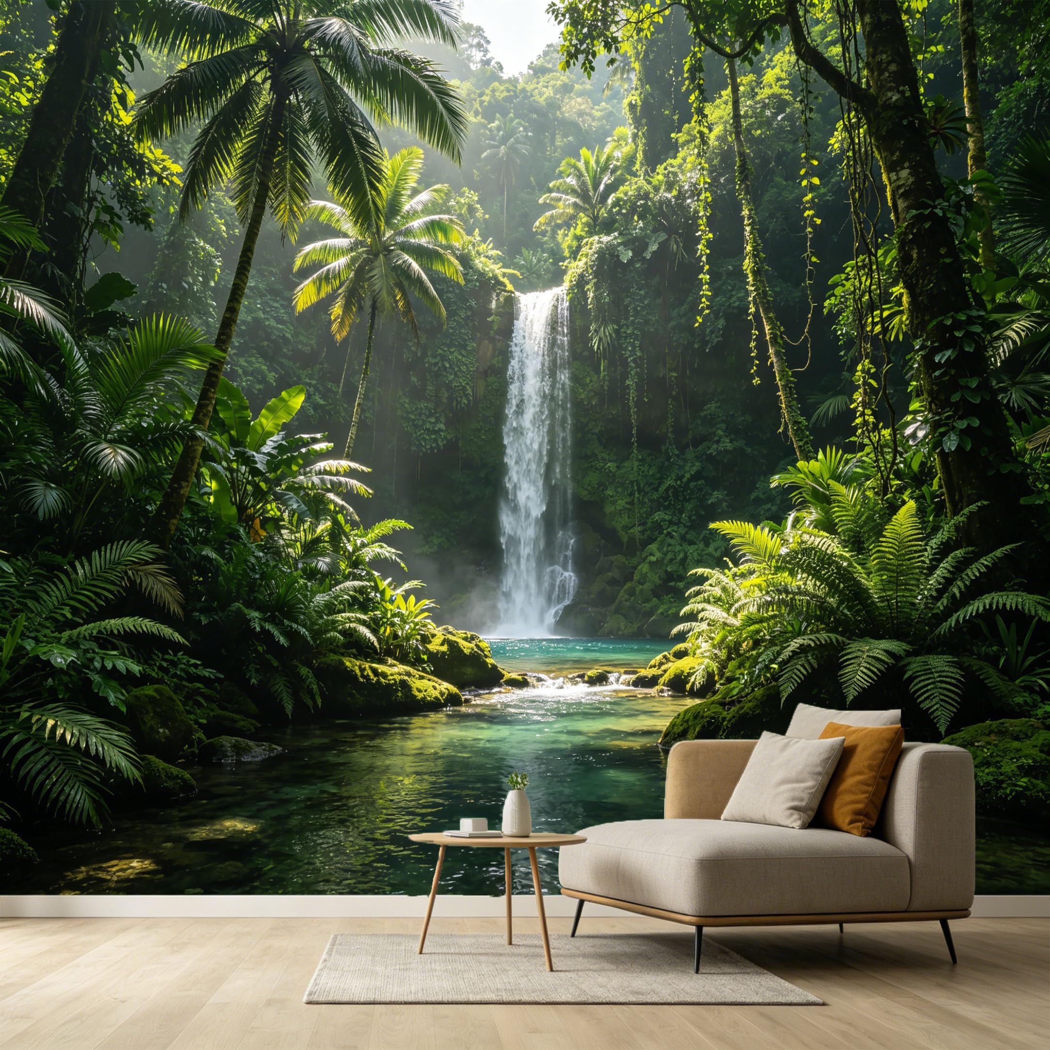 Custom Size Wall Murals Tropical Jungle Waterfall Landscape Botanical Palm Trees SelfAdhesive Wall Fabric Removable Large Wallpaper for Photo Living Room