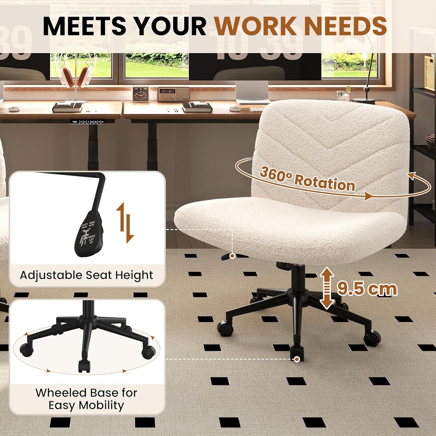 Yaheetech chair highlighting adjustable seat height, 360-degree rotation, and wheeled base