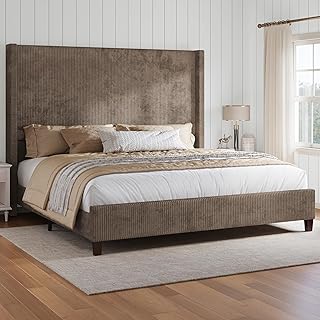 Upholstered King Size Bed Frame with 61" Wingback Headboard, Chestnut | Platform Bed Frame with Vertical Stripe Corduroy Headboard, No Box Spring Needed, Noise Free, Solid Wood Slats, Legs