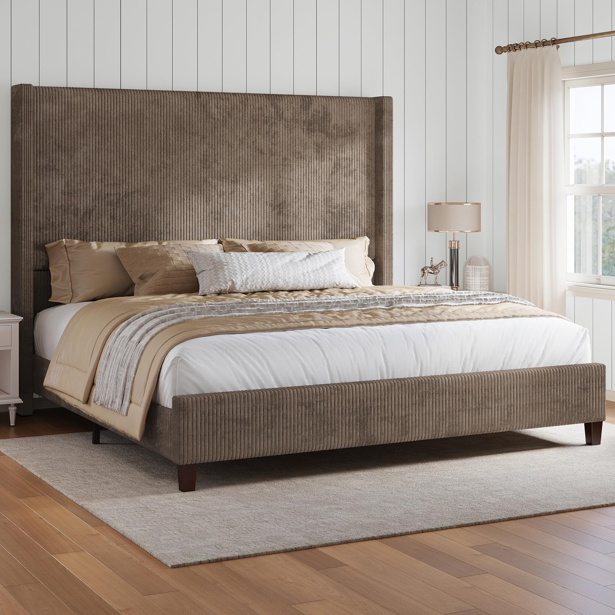 HOWE Queen Corduroy Wingback Bed Frame