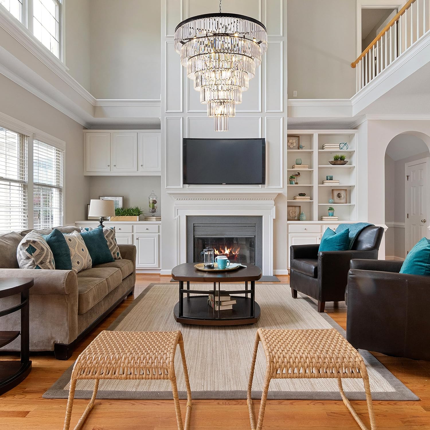 TOCHIC Large Crystal Chandelier for High Ceiling, 40 inch 7-Tier Modern Black Crystal Chandeliers Lighting Fixture, Round Light for Entryway Staircase Foyer Living Dining Room (Black, 40 Inches)