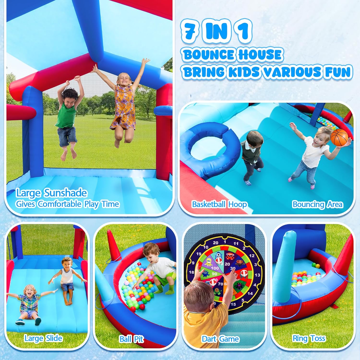 Bounce House, Inflatable Bouncy Castle with Blower for 4 Kids, 143 x 142 x 99 inch, 7 in 1 Jumping Bouncer with Slide, Ball Pit, Basketball
