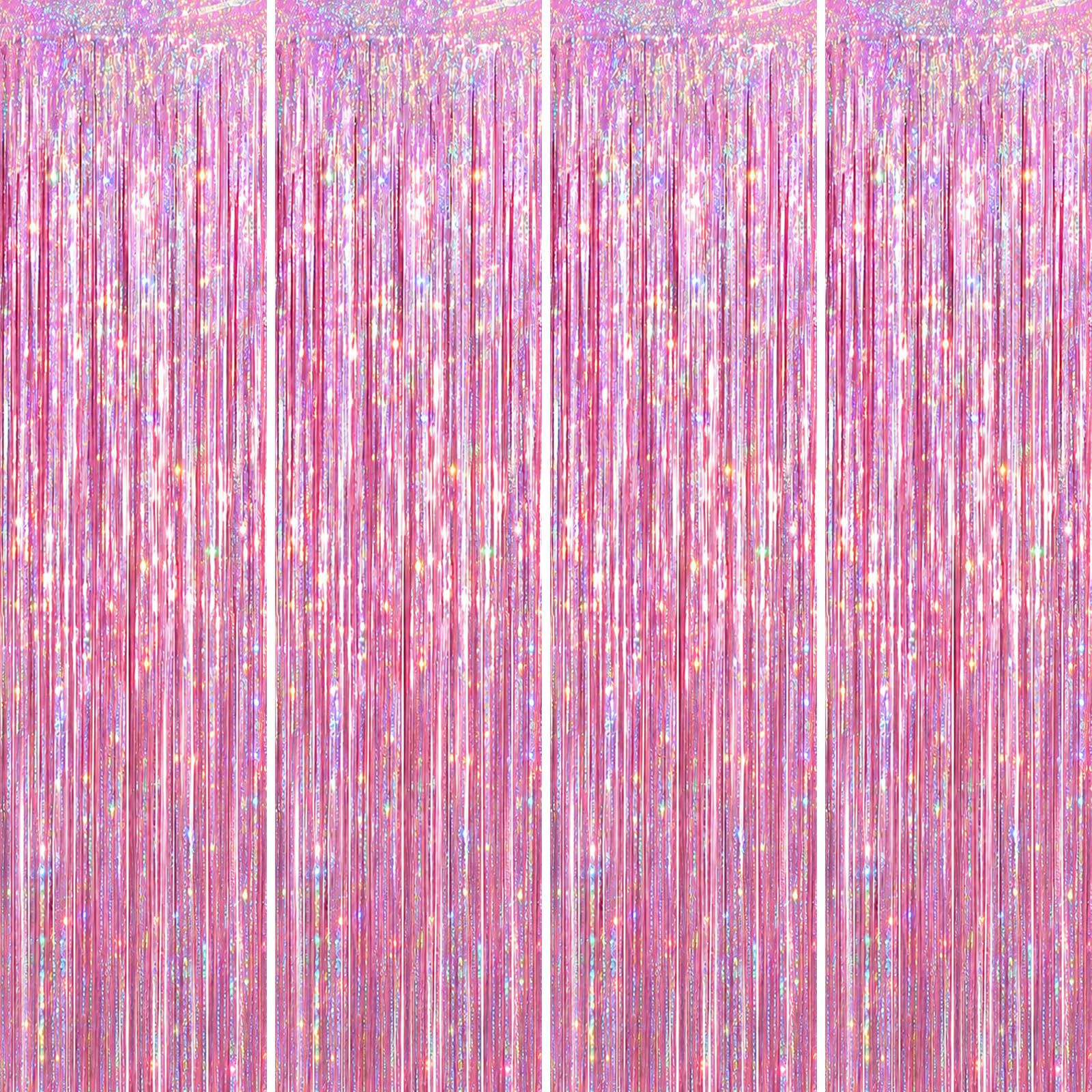 Voircoloria 4 Pack Laser Pink Foil Fringe Backdrop Curtains, 3.3x8.2 Feet