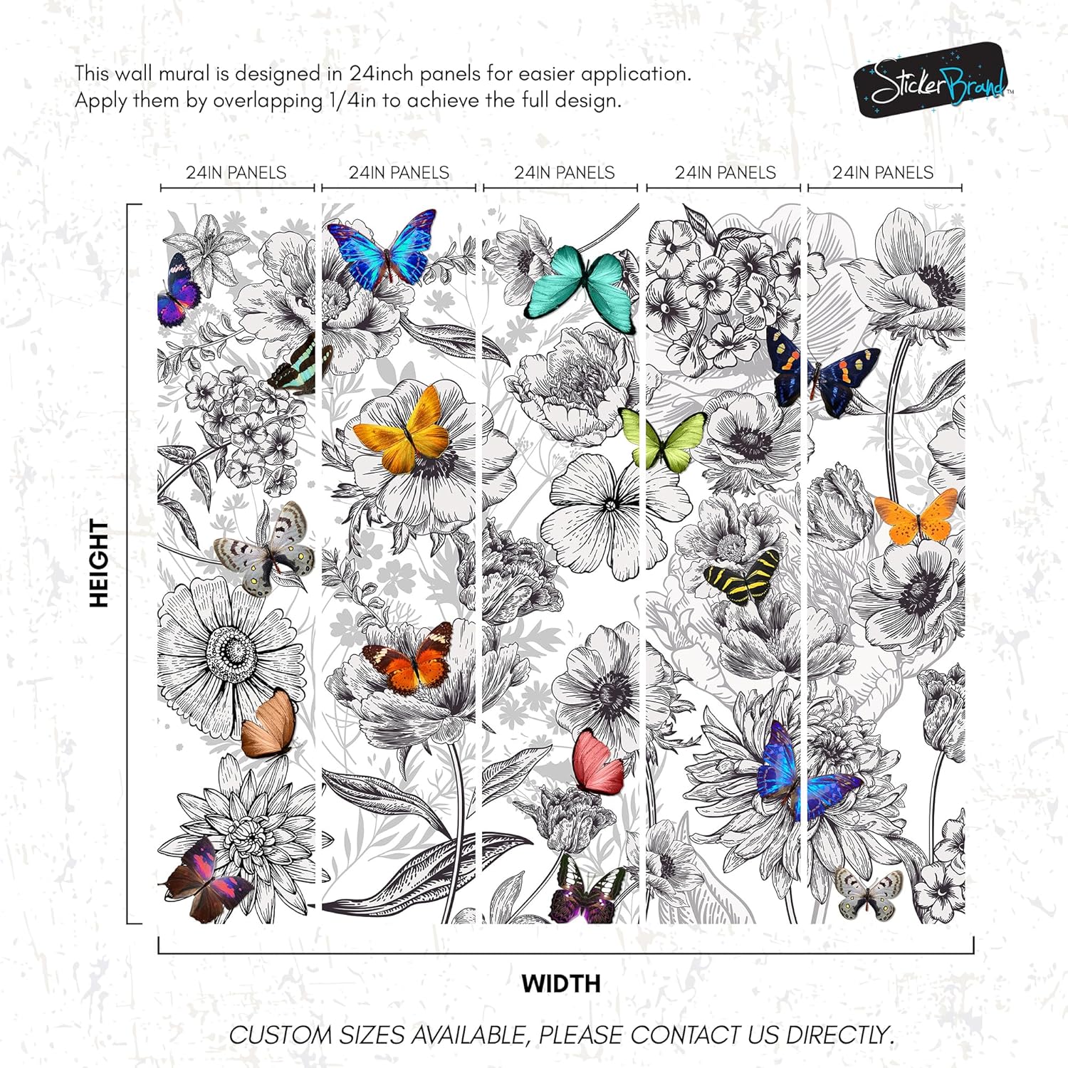 Butterflies in Flower Garden Wall Mural. Retro Black and White Illustration Floral Design. Peel and Stick Wallpaper. #6320 (9ft Tall X 4ft Wide)