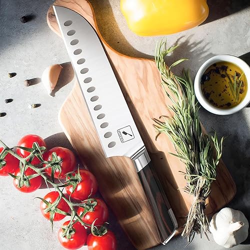 Vista 53 de Cuchillo Santoku, cuchillo de cocina de 7 pulgadas, cuchillo de cocina japonés ultraafilado, cuchillo de chef japonés de acero inoxidable alemán