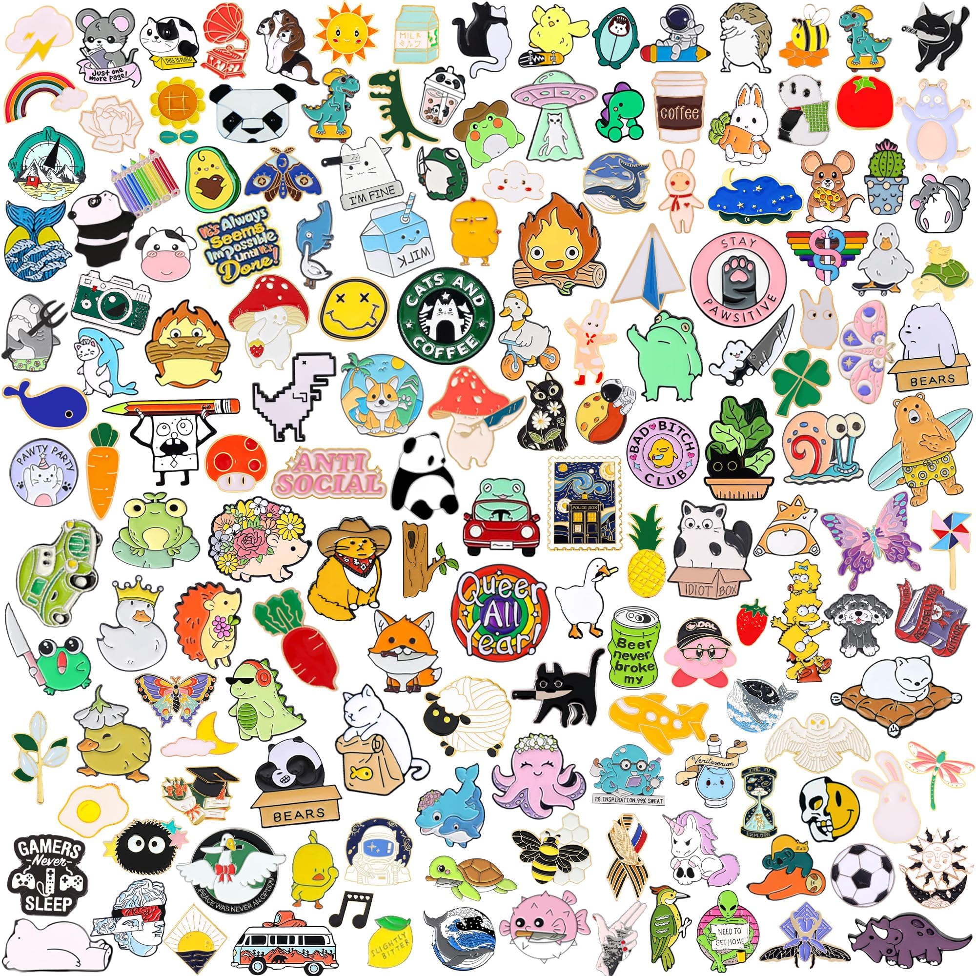 Japior 30/60/100 Mixed Cute Enamel Pins Bulk for Women & Girls,Funny Anime Backpack Pins Aesthetic Lapel Button Badges Set for Backpacks, Hats, Bags,Clothes Decoration