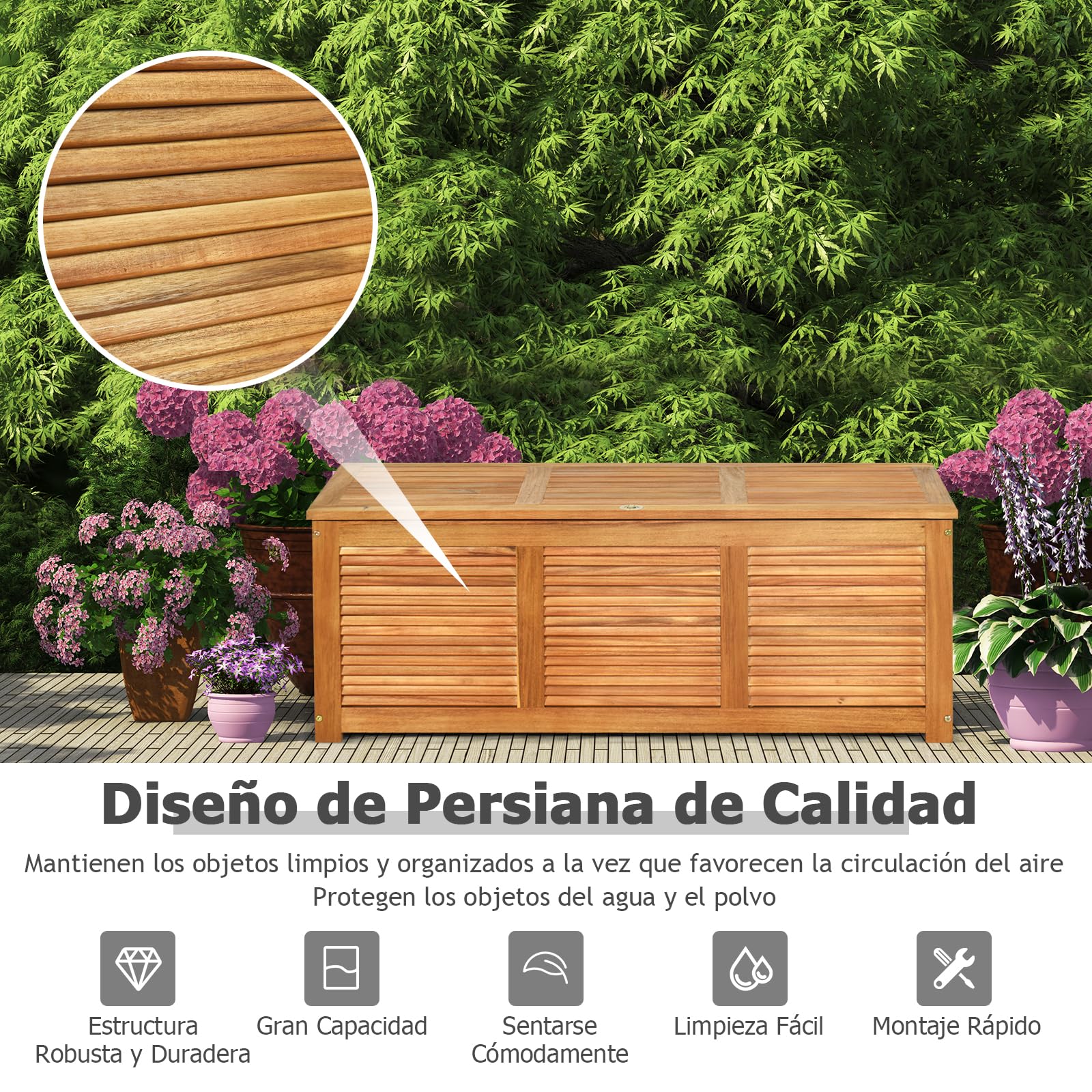 GIANTEX Arcón de Jardín, Baúl Almacenaje de Madera de Acacia, 120x45x45cm, Cofre Almacenamiento 178 L con Tapa Abatible y Diseño Persiana, Organizador para Patio, Balcón, Piscina