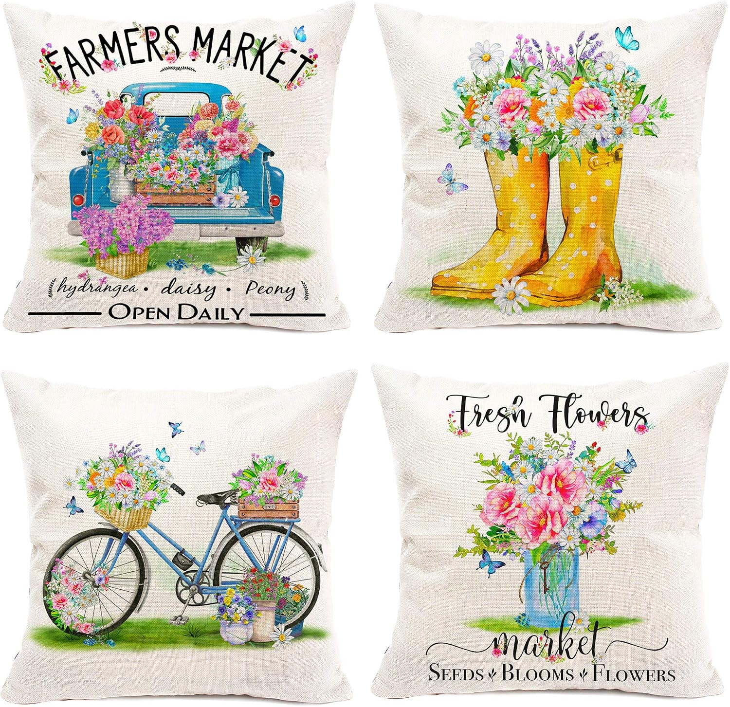 Hexagram Floral Spring Pillow Cover 20x20 Set of 4,Linen Farmhouse Pillows Decorative Boots Flower Truck Bicycle Summer Welcome Cusion Pillow Cases for Couch and Sofa Home Indoor/Outdoor Decoration
