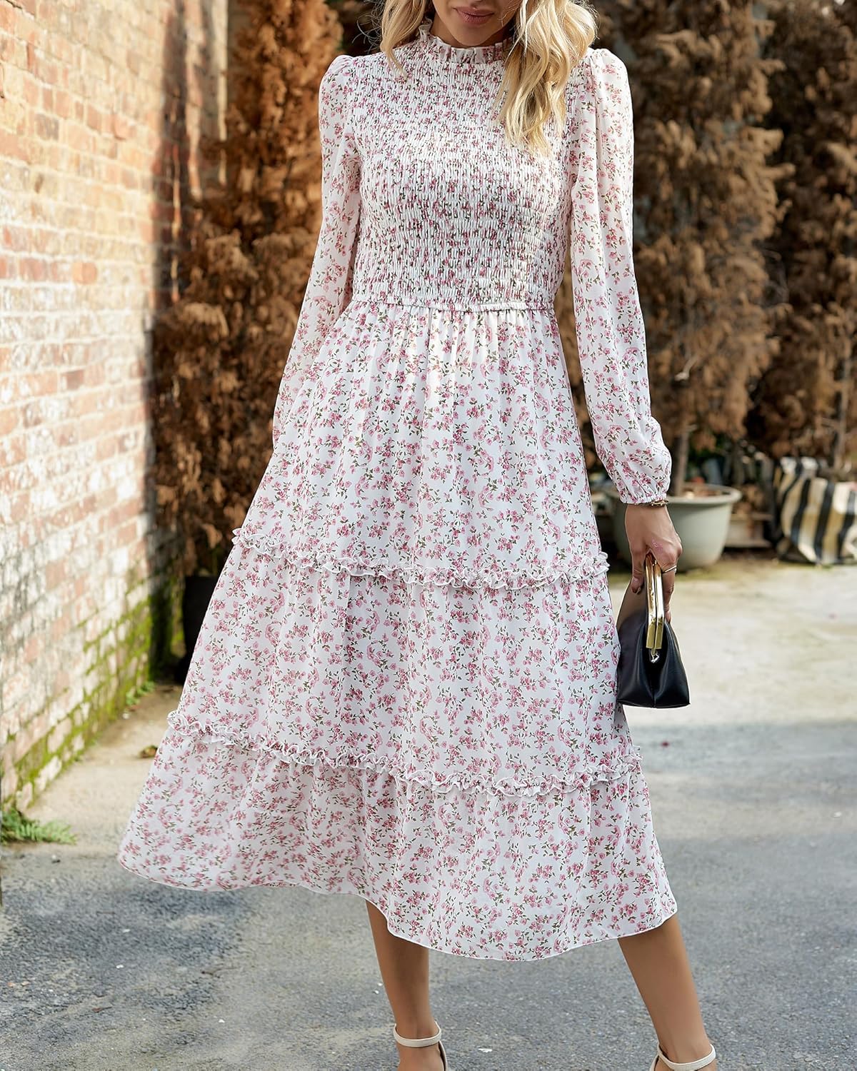 NOLLSOM Women 2026 Spring Dress Floral Boho Dress Casual Long Sleeve Crew Neck Ruffle A-Line Flowy Wedding Guest Maxi Dresses - Image 3