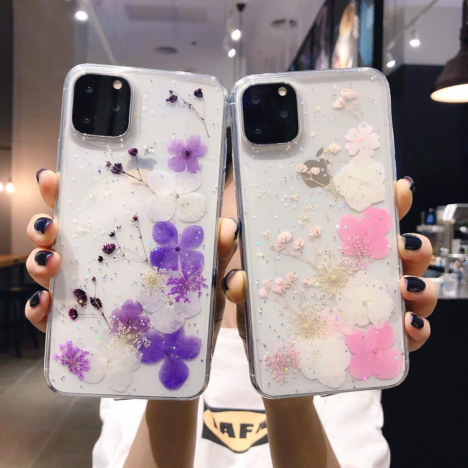 JANDM iPhone 11 Case with Flowers, Handmade Pressed Dried Real Flowers Soft Silicone Girls' Crystal Glitters Case for iPhone 11-Pink